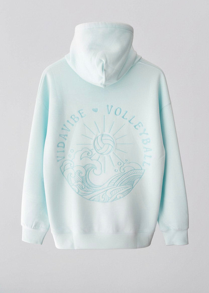 Baby blue volleyball sweatshirt with waves in a embroidered design on the back