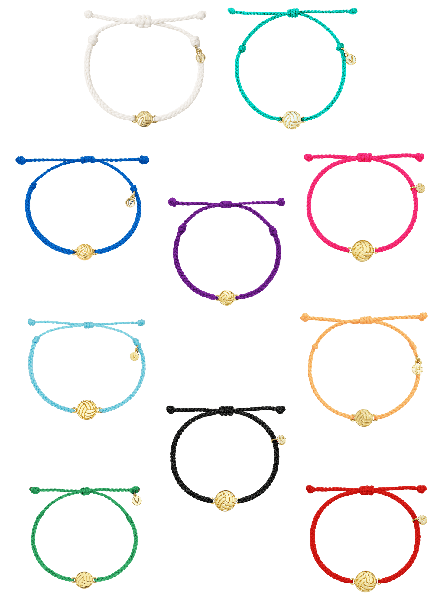 Collection of colorful volleyball bracelets with gold beads on a white background