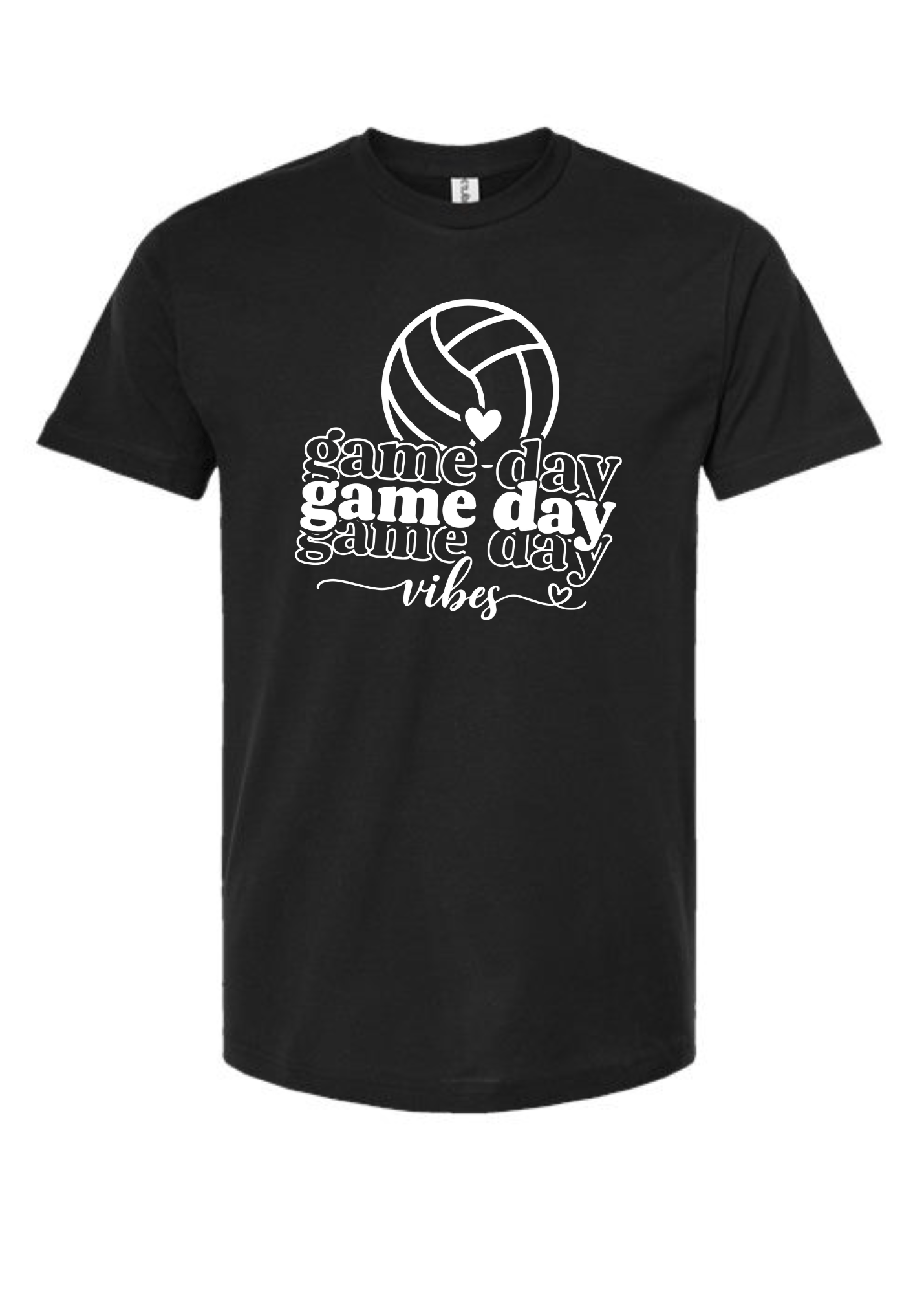 Black t-shirt with 'game day vibes' text and volleyball graphic on a white background