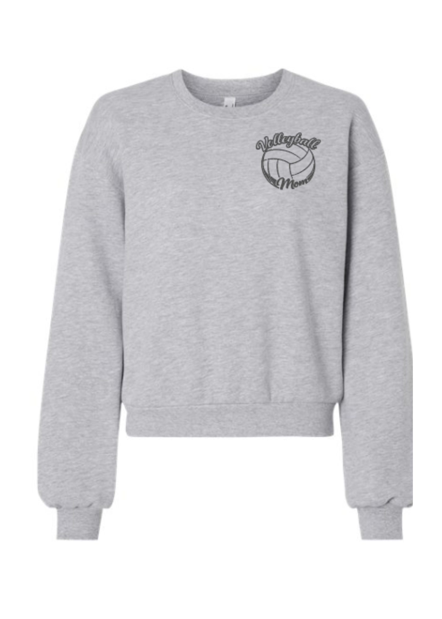 Gray sweatshirt with volleyball mom life graphic on the back. Coffee. Carpool. Practice. Repeat.