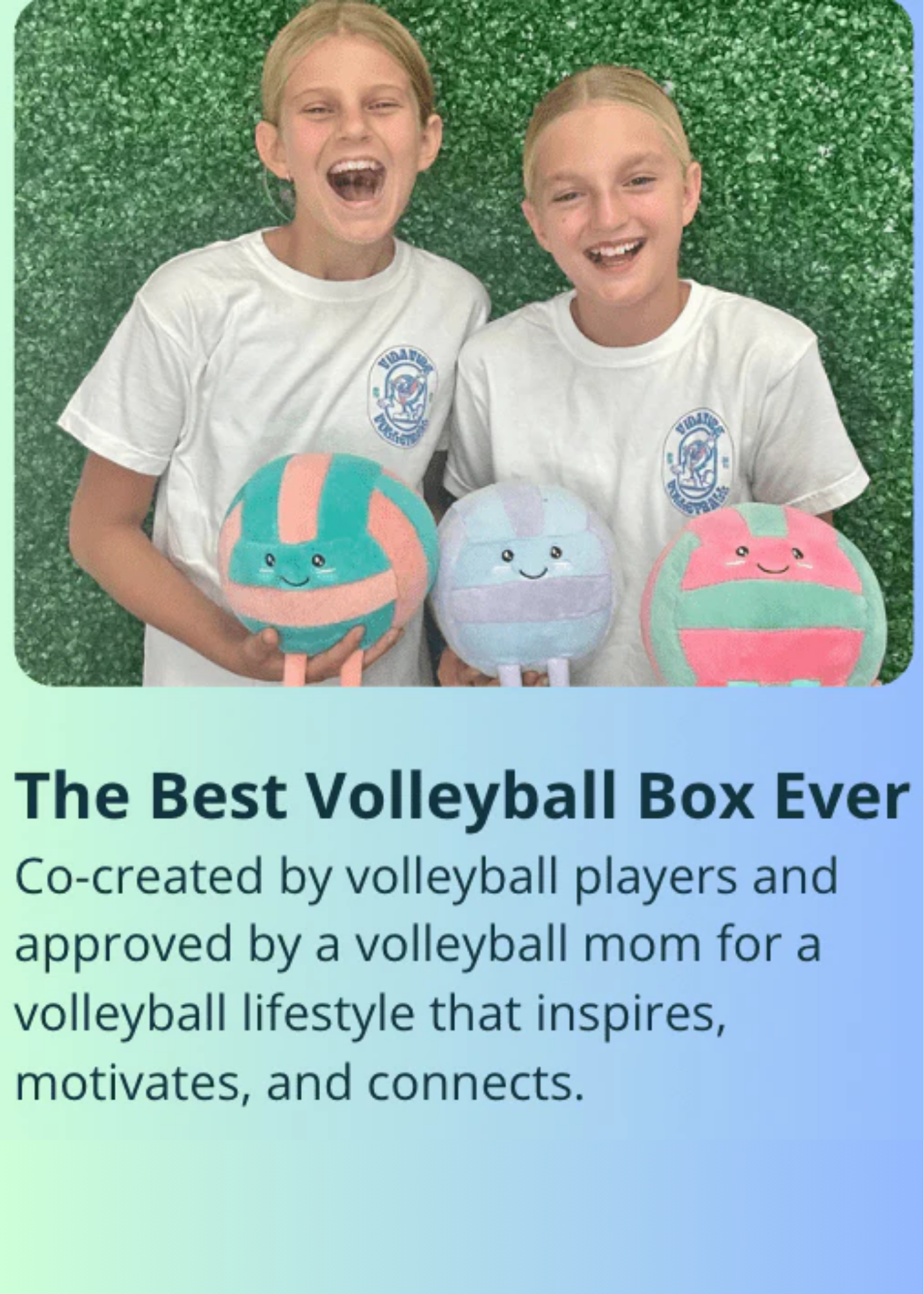 Two children holding colorful volleyballs with promotional text about a 'Best Volleyball Box Ever'.