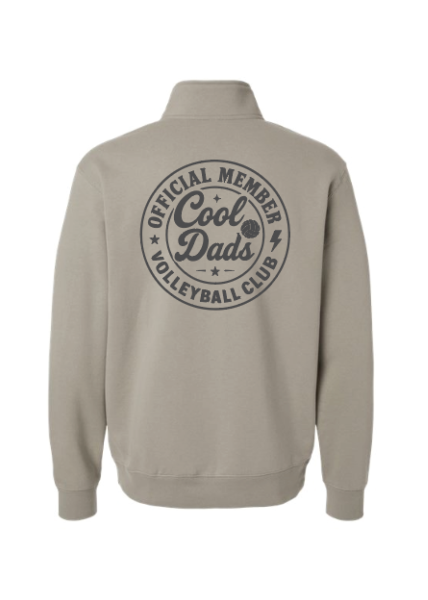 Beige quarter-zip with 'Official Member Cool Dads Volleyball Club' for only the Cool Volleyball Dads. Get yours today to be part of the Cool Dads Crew!