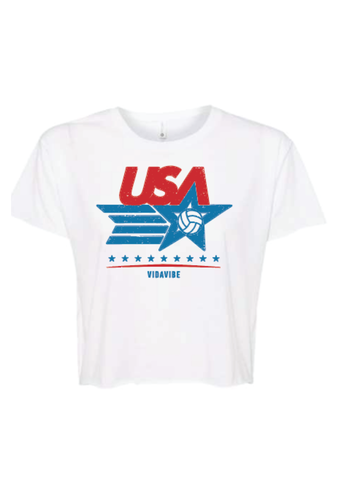 White t-shirt with USA logo featuring a star and volleyball design on a white background