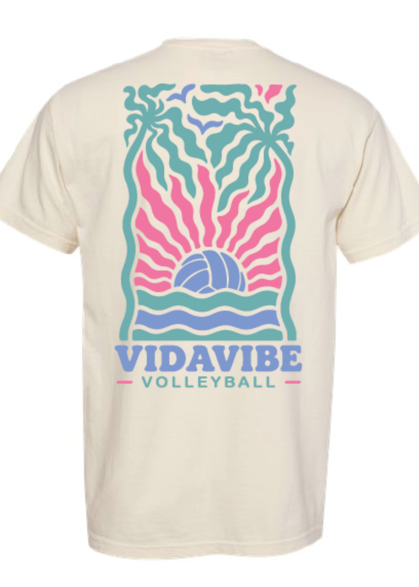 A cream-colored short-sleeve t-shirt showing the back, which features a large graphic print of a volleyball under wavy pink and teal rays, with the text 'VIDAVIBE VOLLEYBALL' printed below.