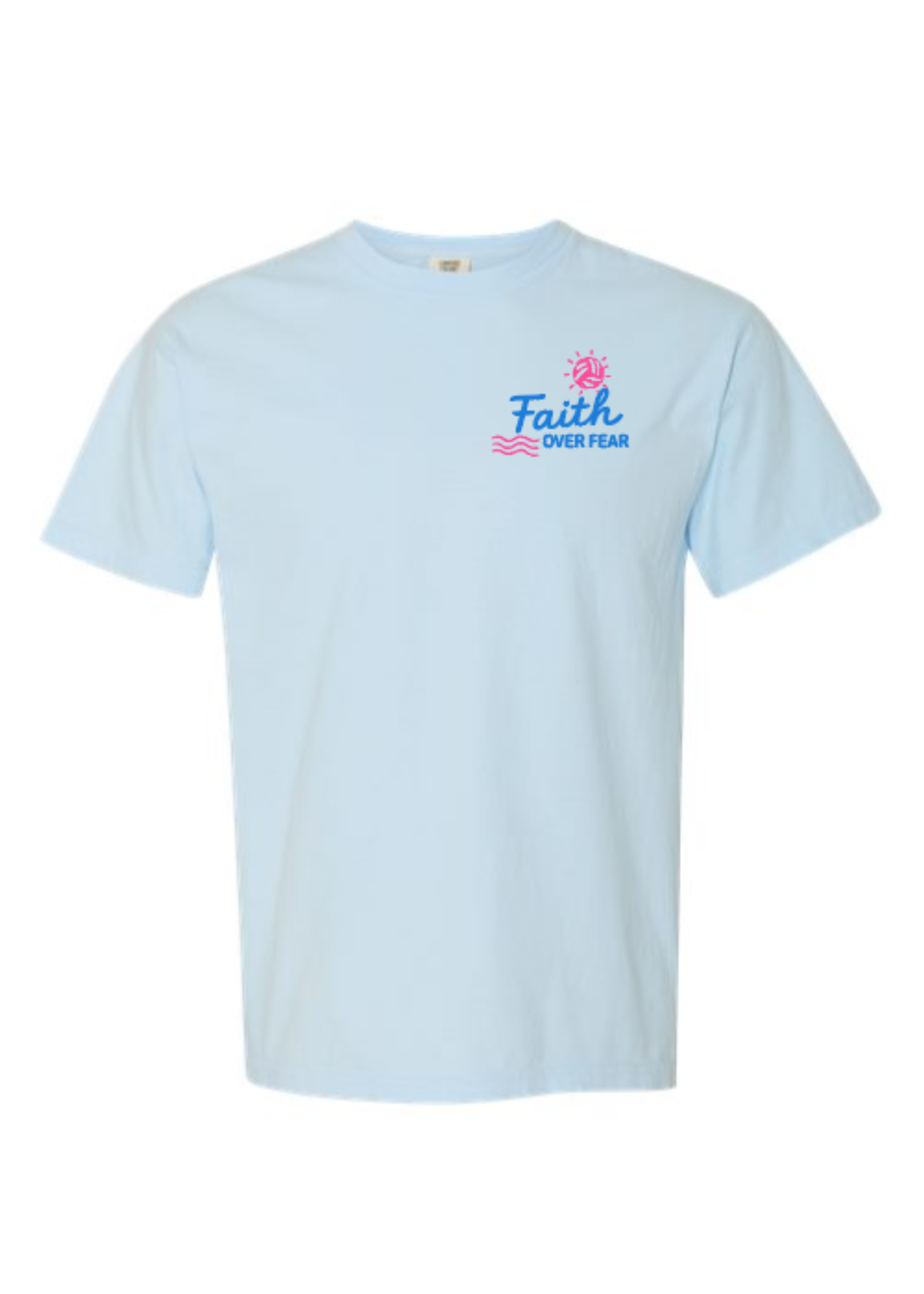 Light blue t-shirt with 'Faith Over Fear' text and design on a white background
