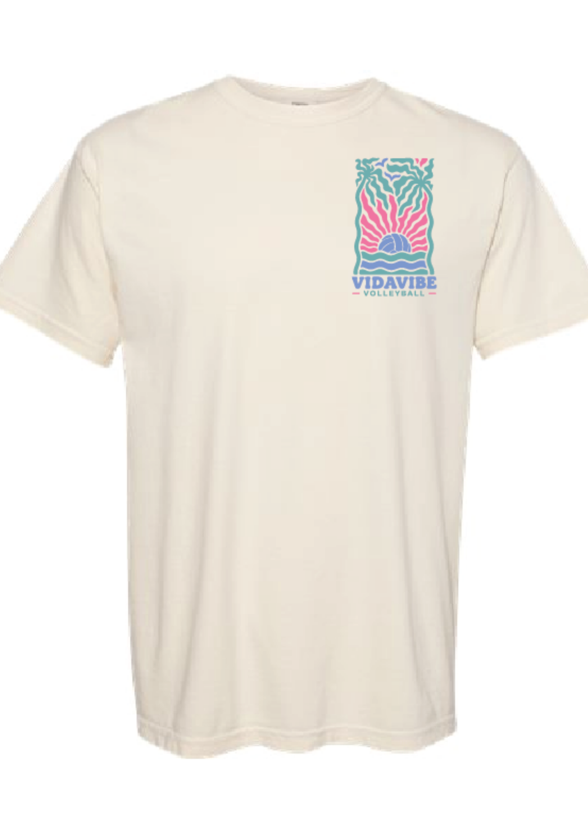 An off-white short-sleeve t-shirt with a colorful chest graphic on the left side. The graphic features a pink and teal sun over palm trees with the text 'VIDAVIBE VOLLEYBALL' printed below in teal.
