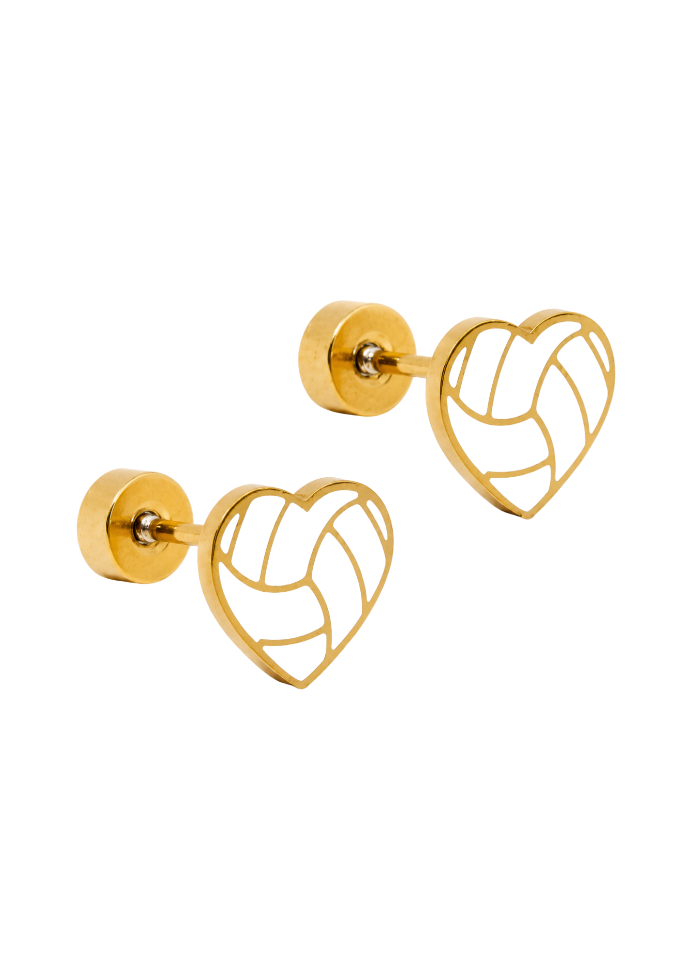 Gold heart-shaped volleyball earrings on a white background