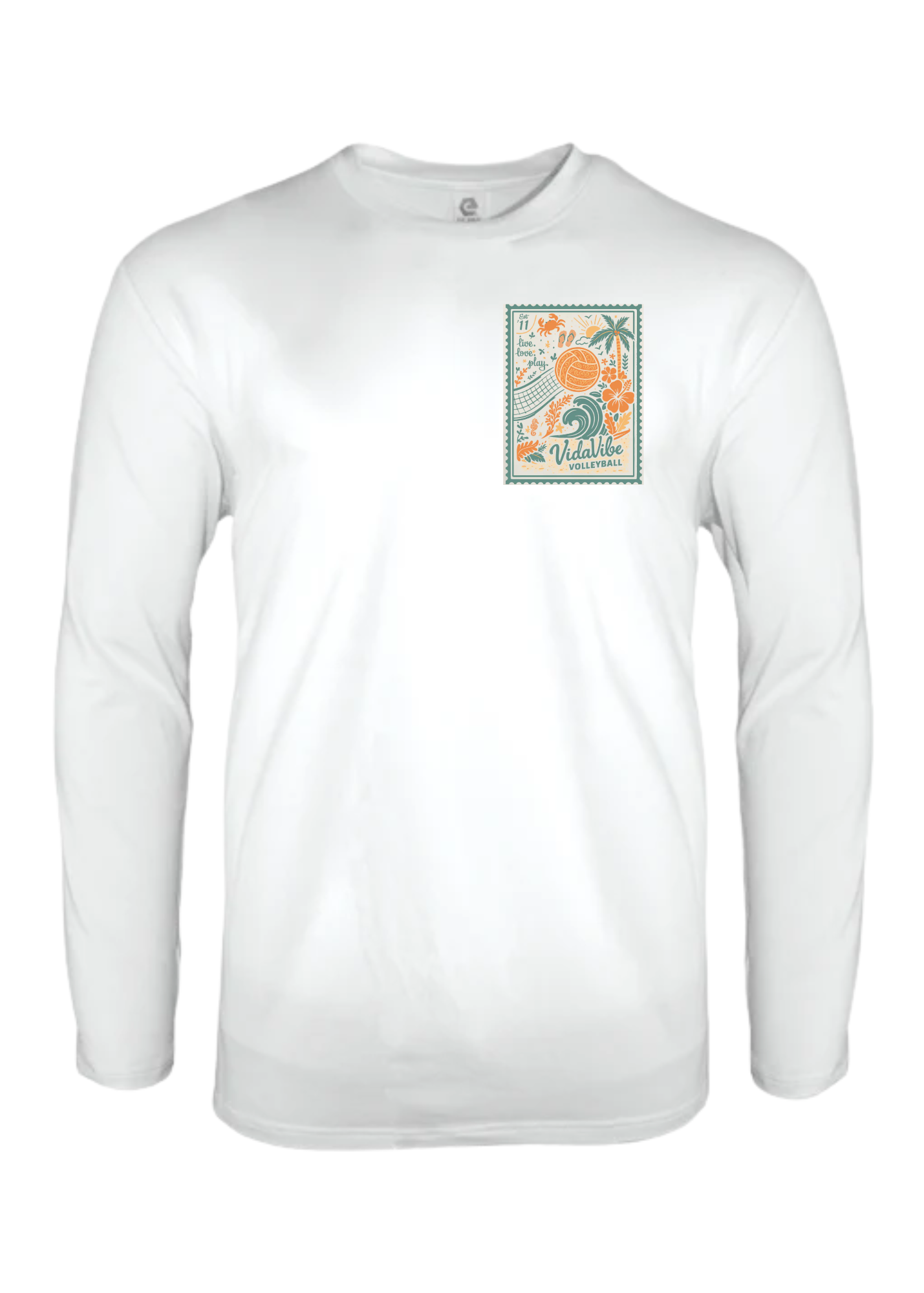 Classic white long sleeve volleyball shirt with fun volleyball graphic to showcase your love of the game.