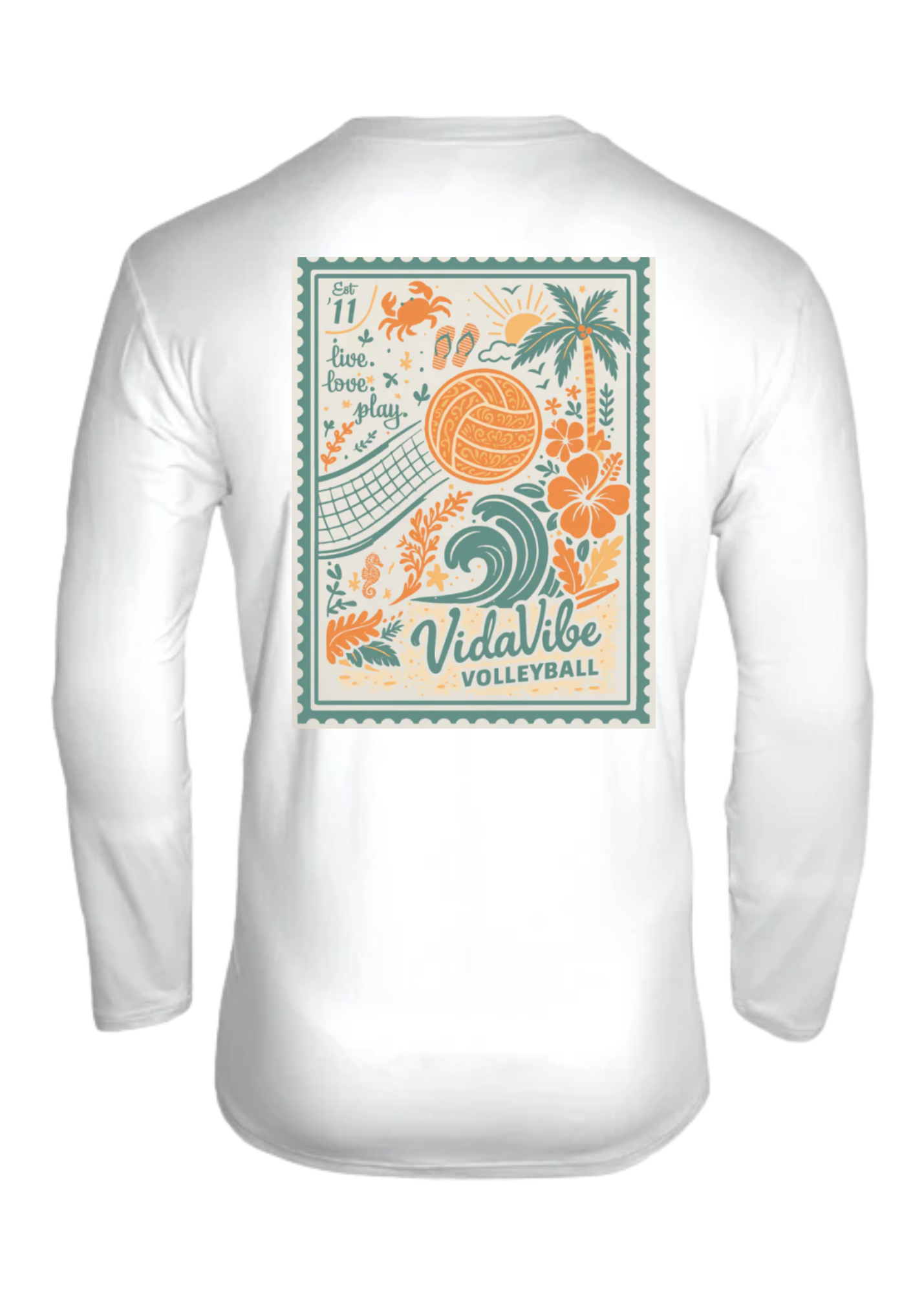 Ultra-soft white volleyball long sleeve featuring a fun "Stamp" like graphic! Showcase your love for all the volleyball seasons with this long sleeve.