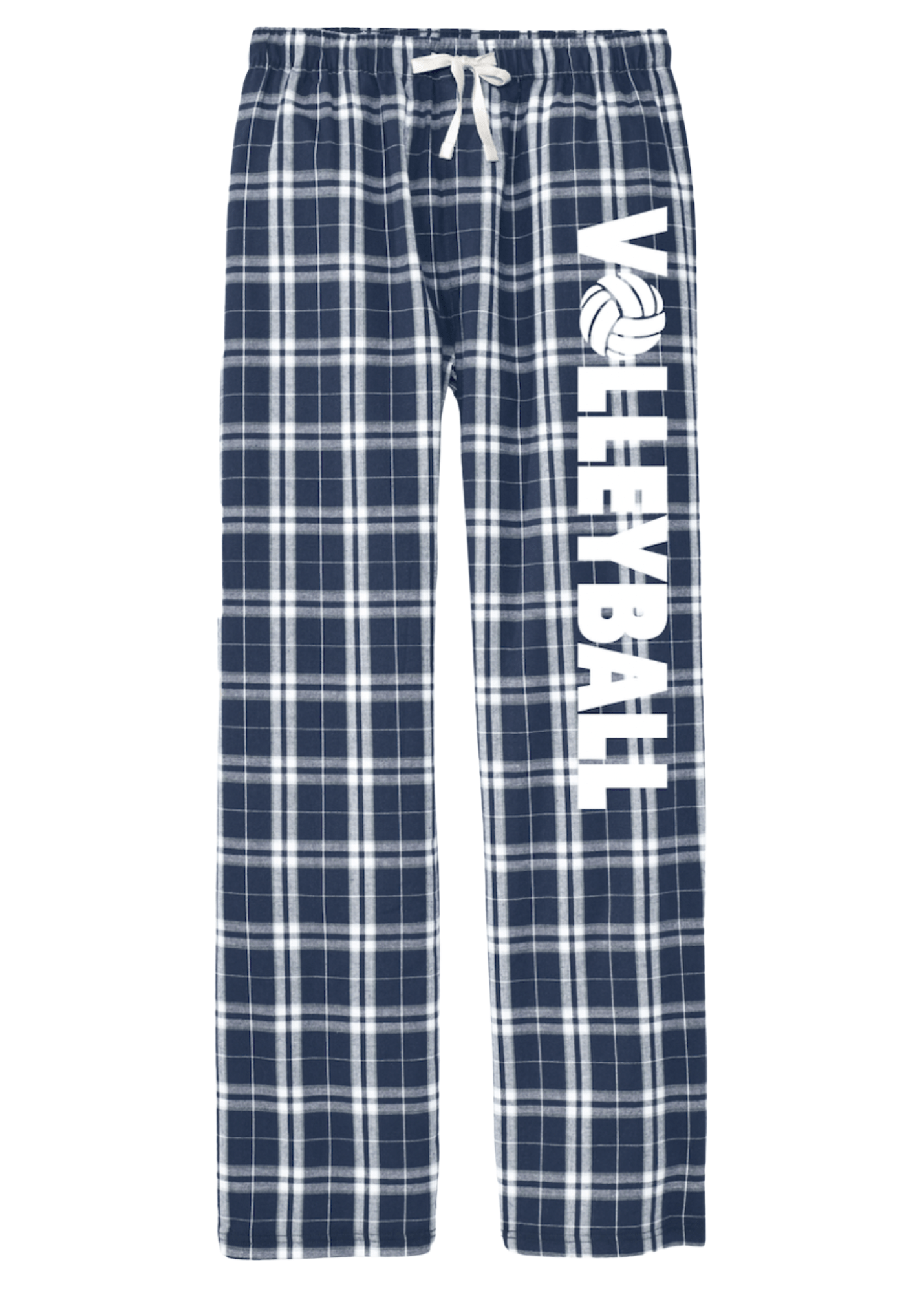 Navy and white plaid pants with 'Volleyball' text on a white background