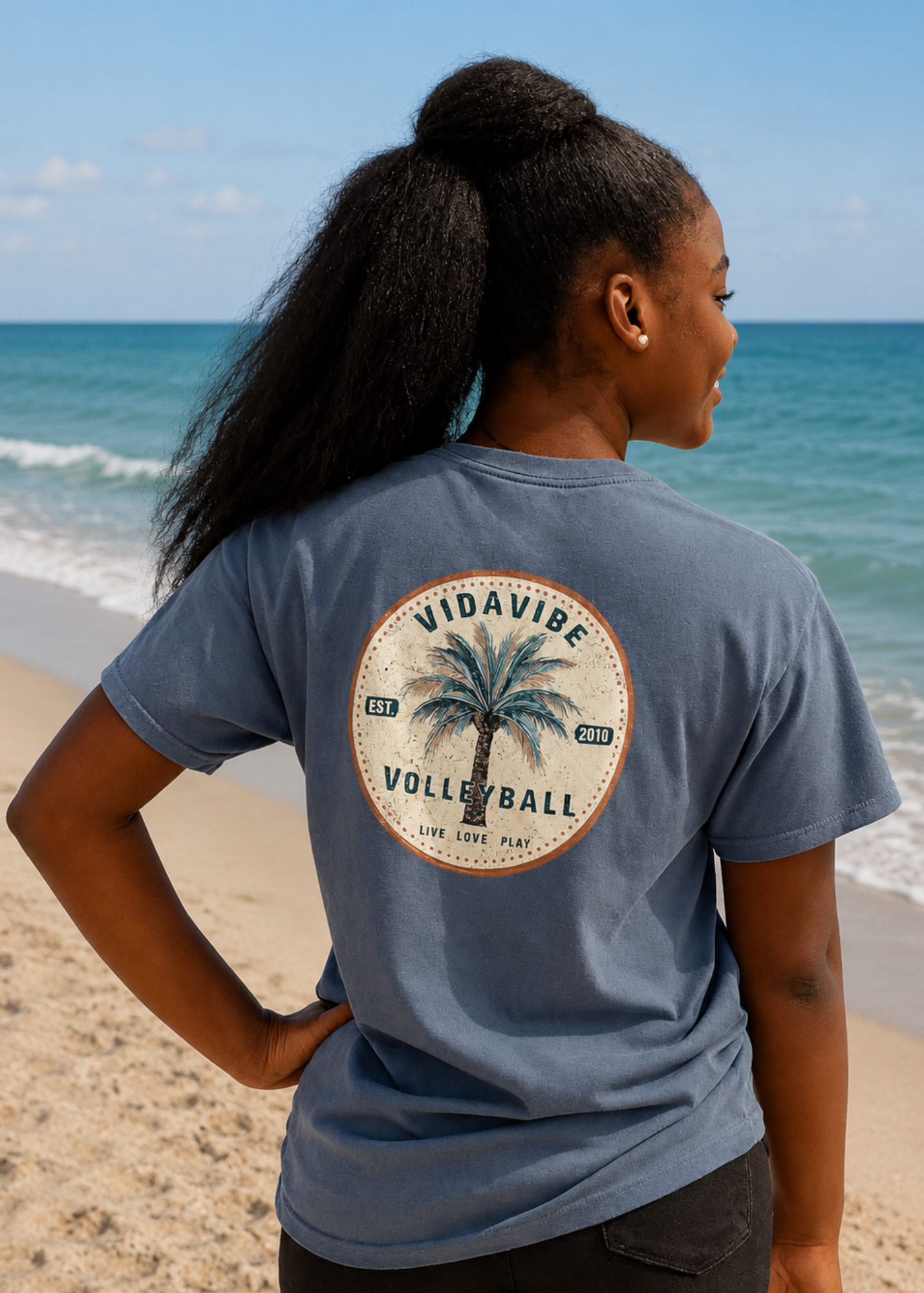Palm Tree Volleyball Denim Tee