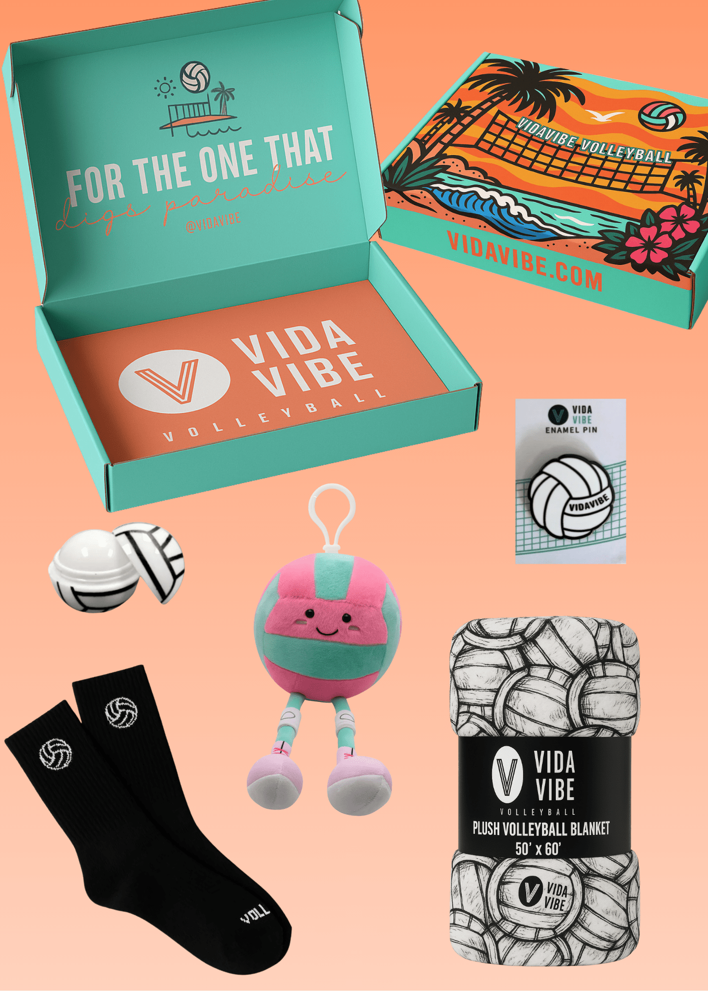 Vida Vibe volleyball merchandise gift including a plush toy, socks, and packaging on a peach background