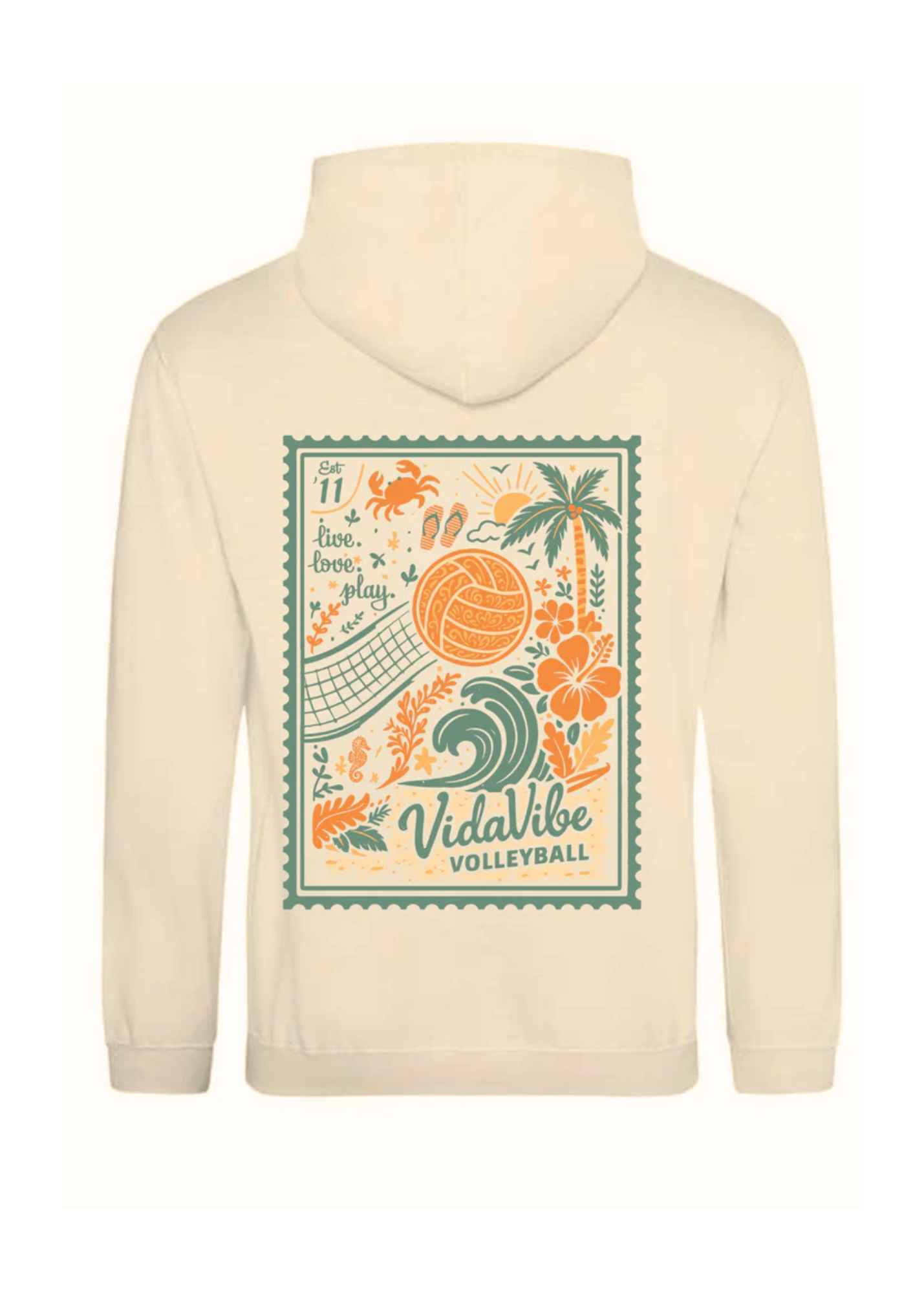 Beige hoodie with a colorful graphic design on a white background