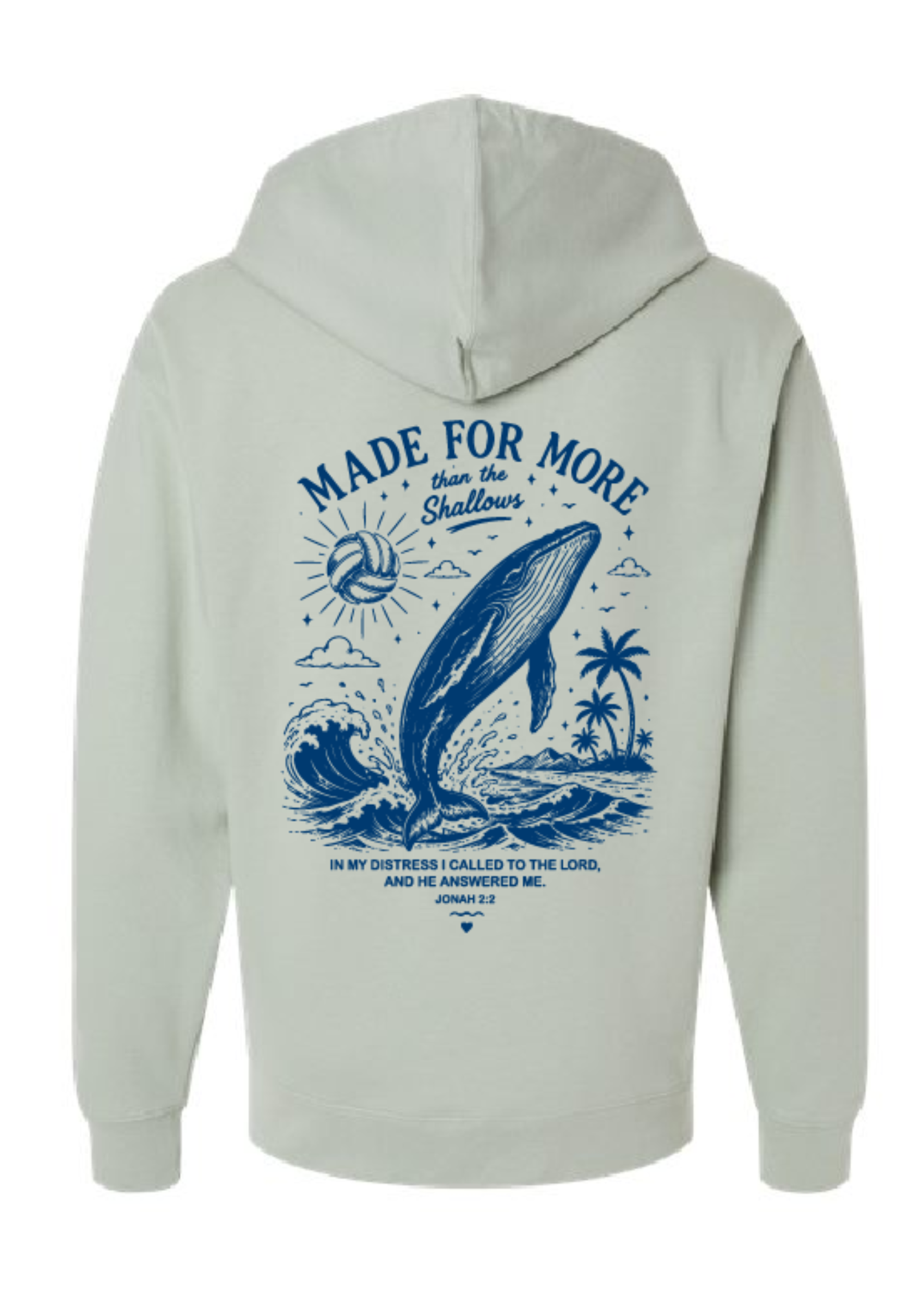 A light gray hoodie shown from the back, featuring a large blue graphic print of a whale jumping out of water with the text 'MADE FOR MORE than the Shallow' and a Bible verse from John 4:34.