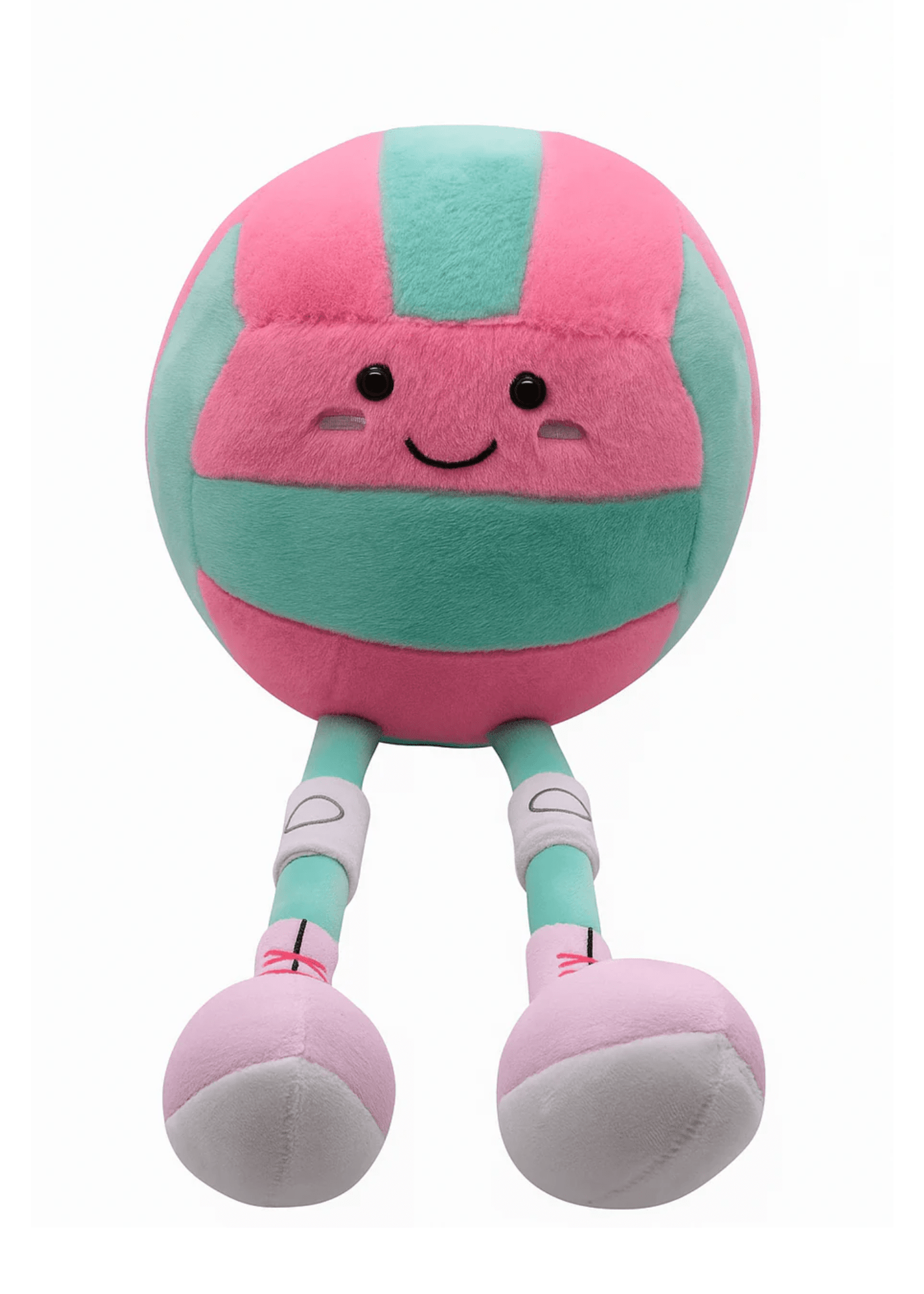 Plush toy shaped like a volleyball with legs and arms on a white background