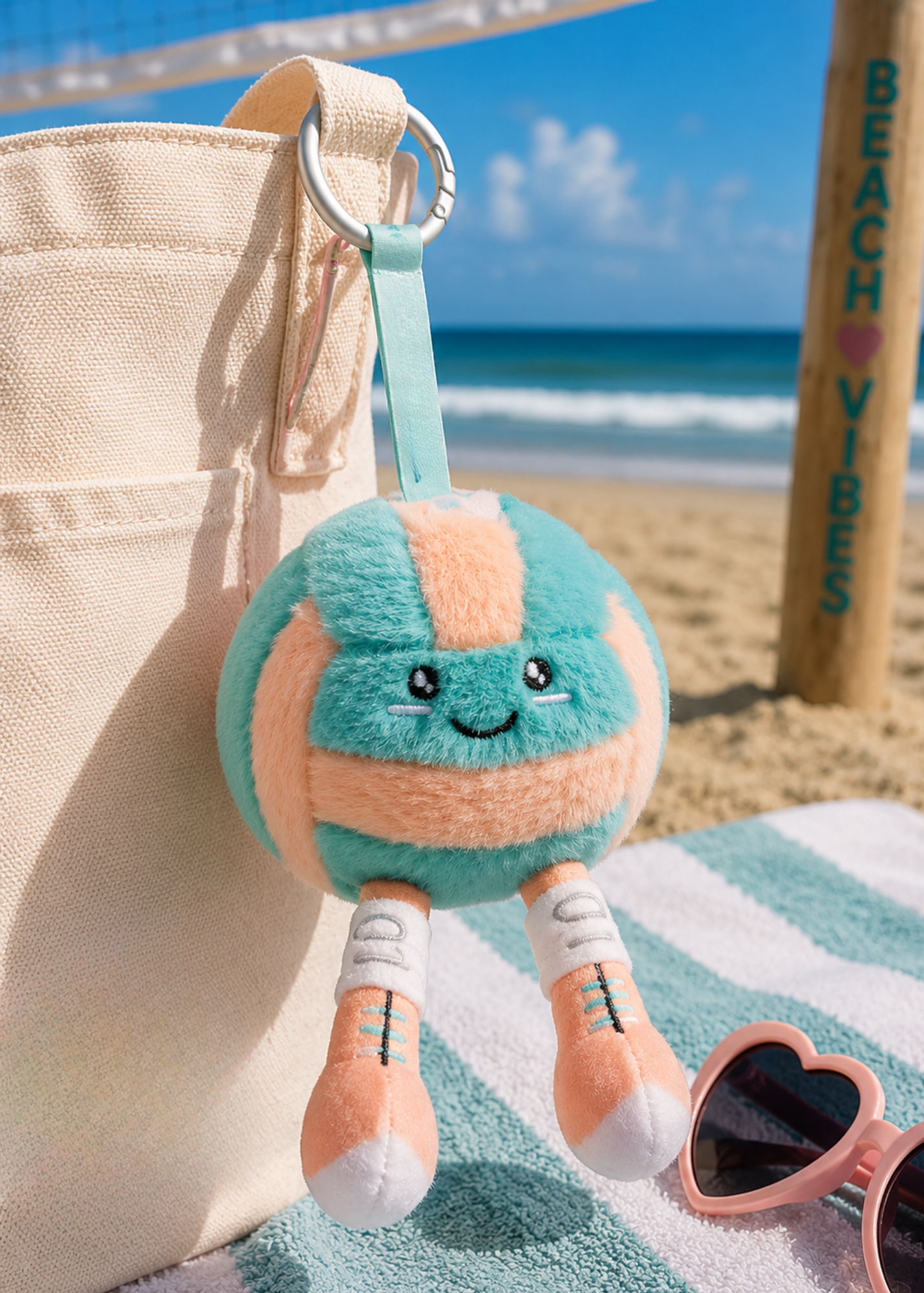 Teal & Coral Plush Volleyball Keychain
