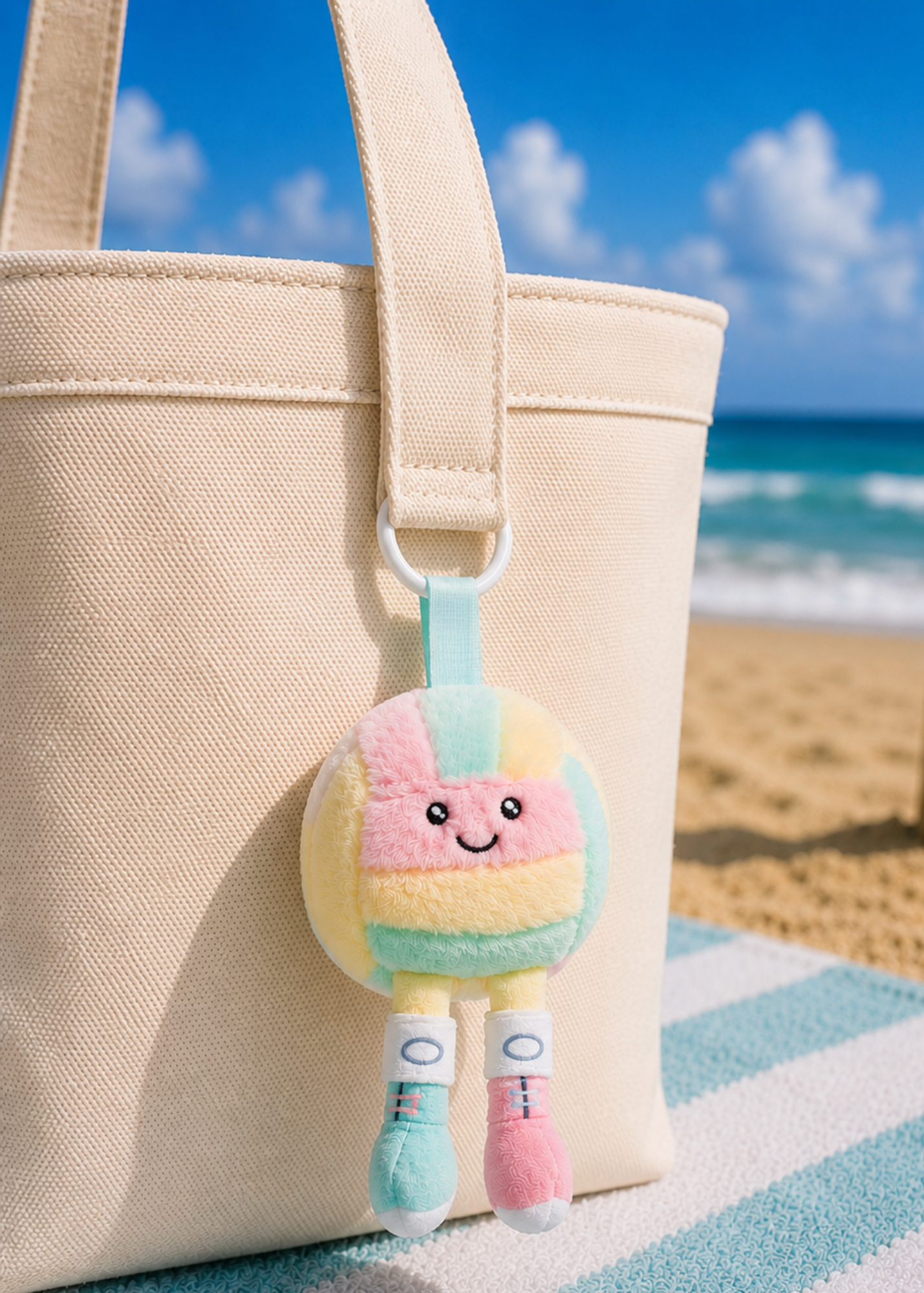 A pastel multicolor plush volleyball keychain character with legs hanging from a beige canvas tote bag on a beach towel, with a blurred beach and ocean background.