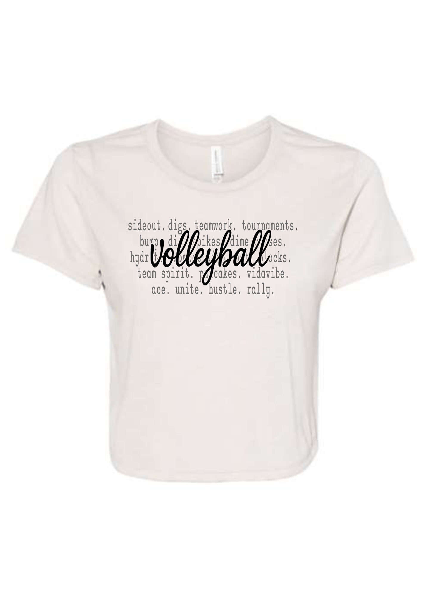 Beige t-shirt with black text on a white background