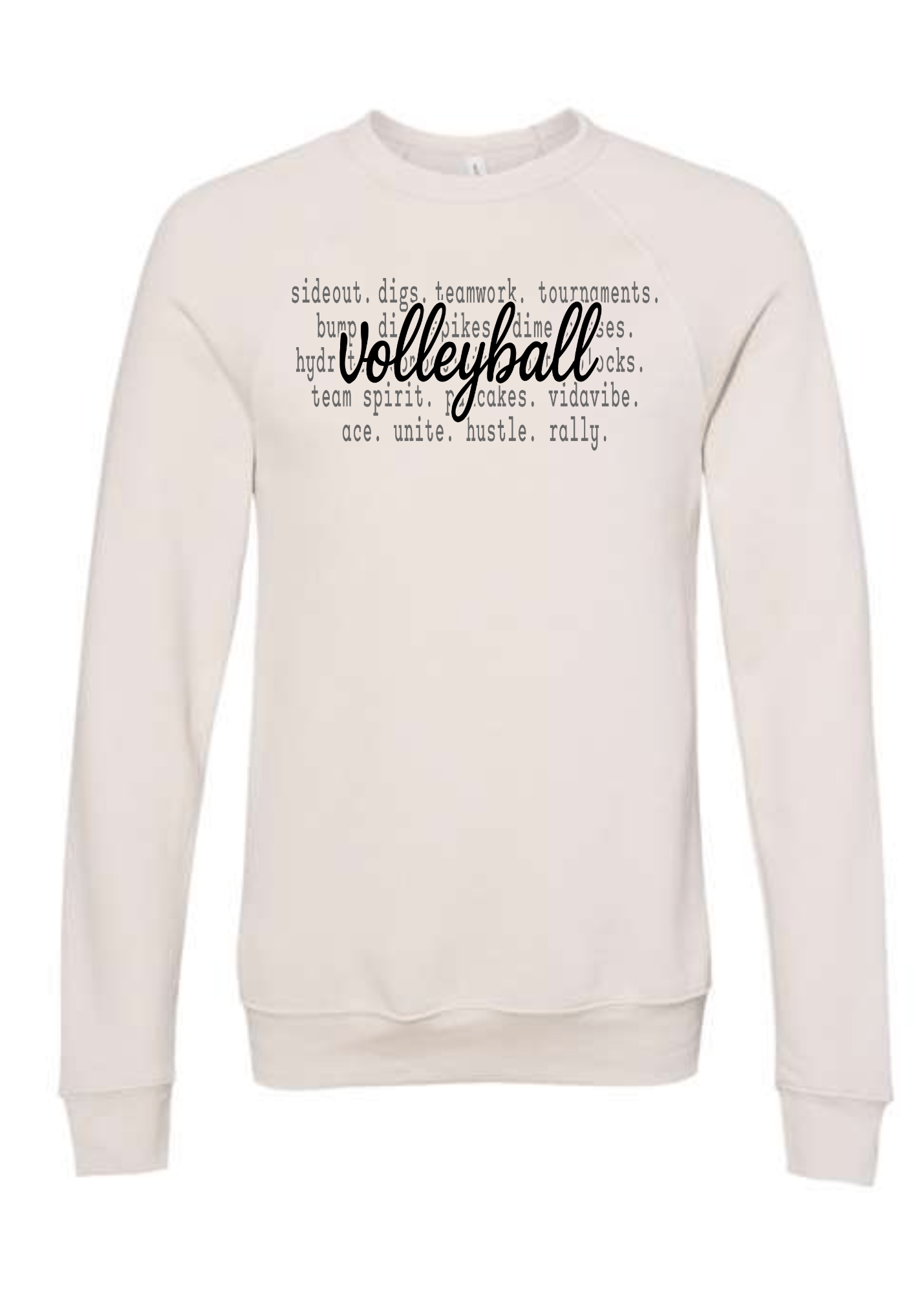 Beige Volleyball sweatshirt with black text on a white background