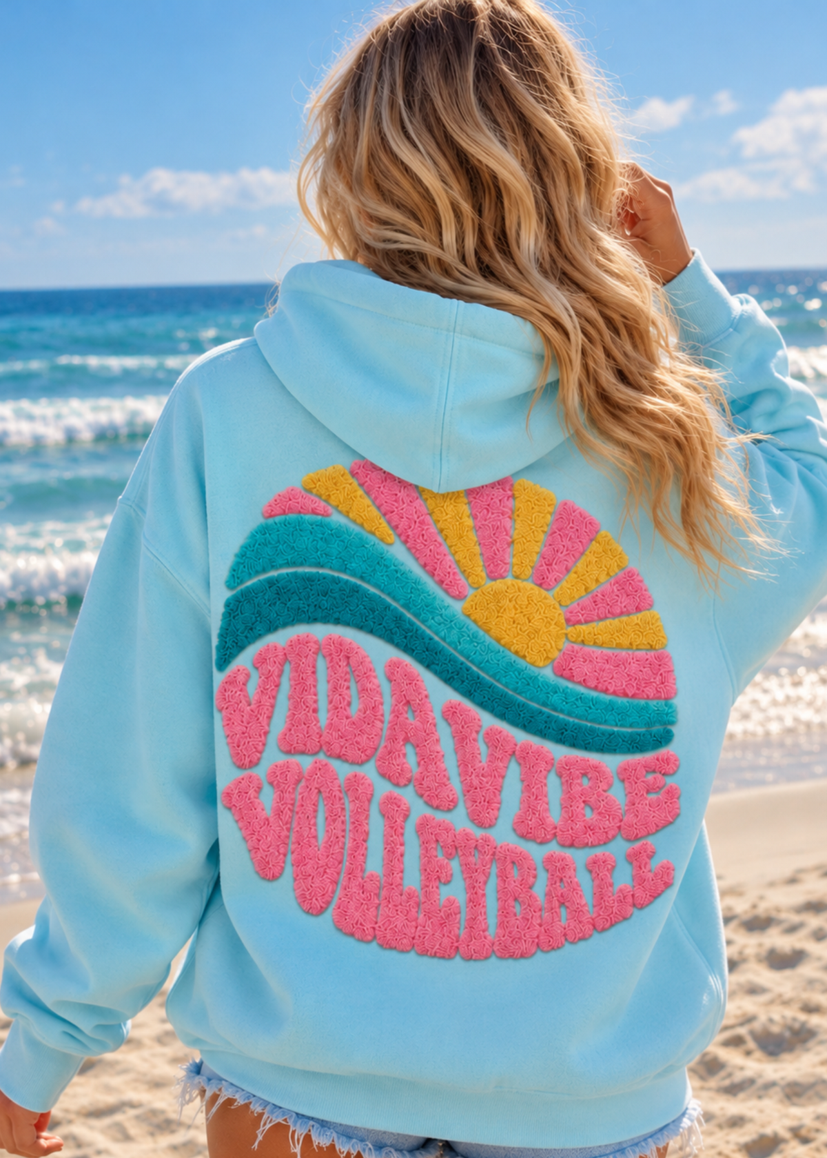 Sunset Volleyball Chenille Sweatshirt - Baby Blue