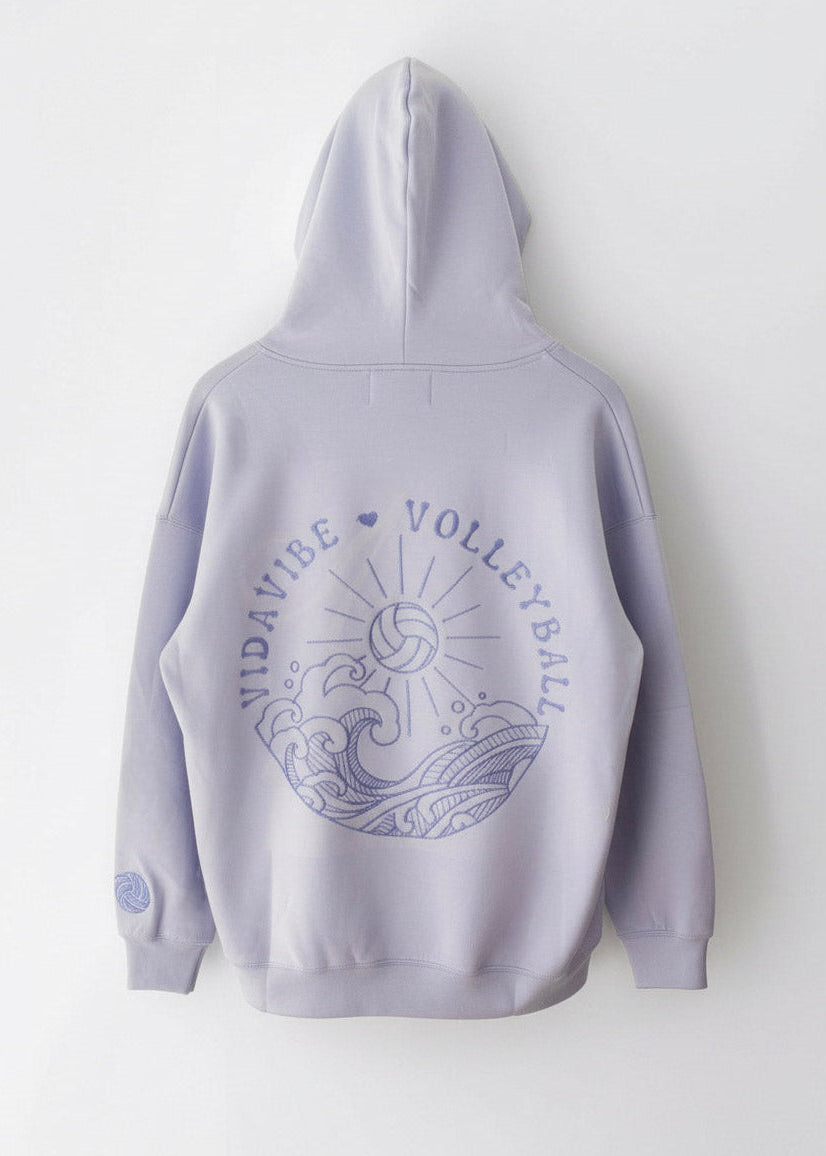 Light purple hoodie with 'Volleyball' design on the back against a white background