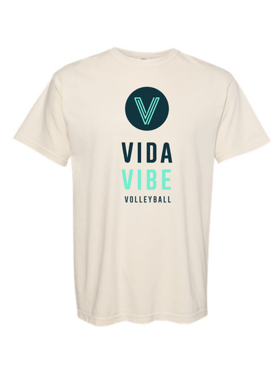 Beige t-shirt with 'Vida Vibe Volleyball' logo on a white background