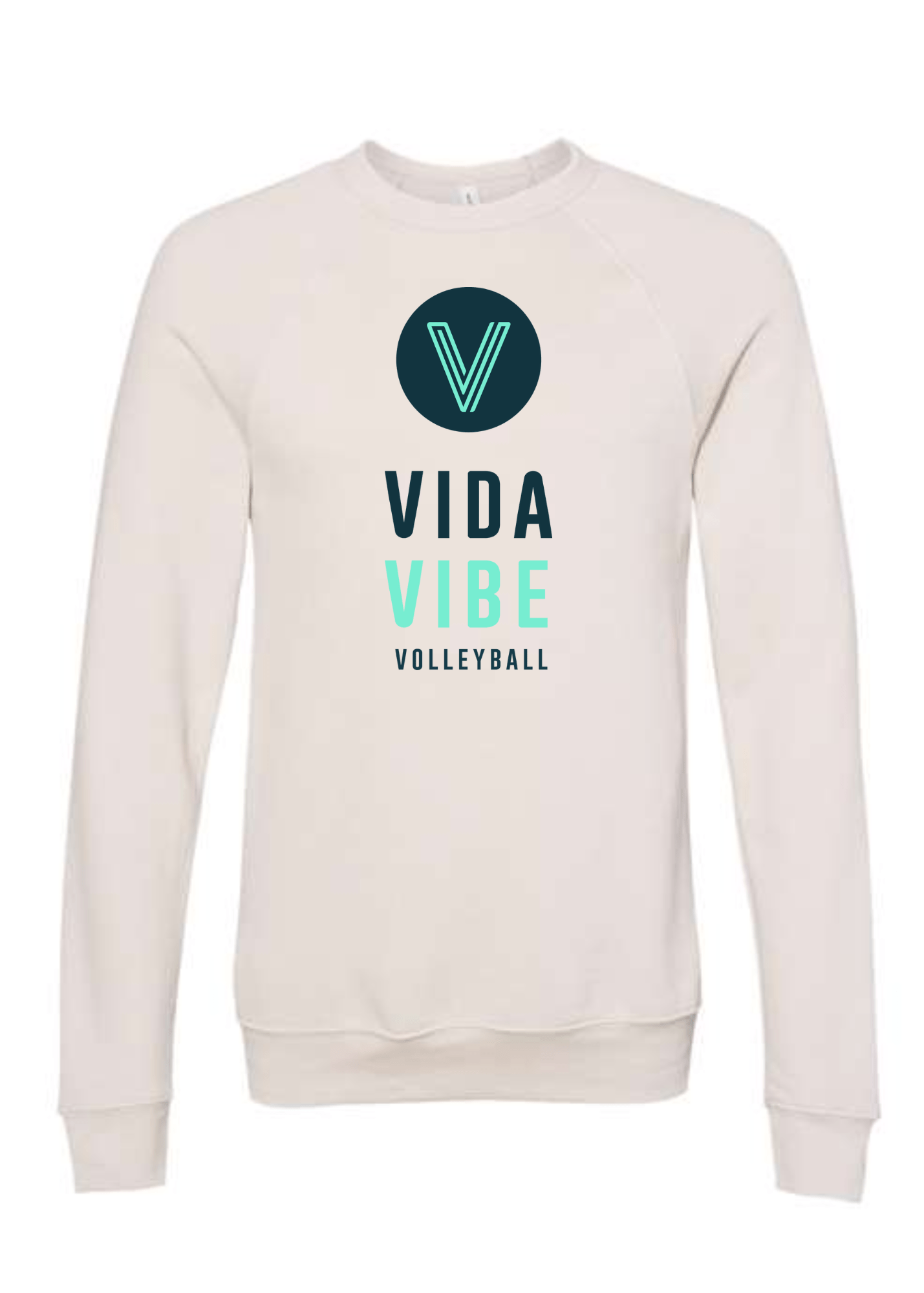 Beige sweatshirt with 'Vida Vibe Volleyball' logo on a white background