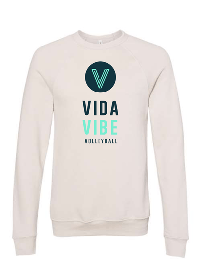 Beige sweatshirt with 'Vida Vibe Volleyball' logo on a white background