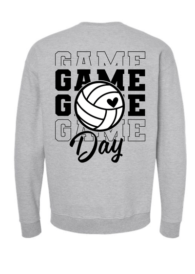 Gray sweatshirt with 'Game Day' and volleyball design on a white background