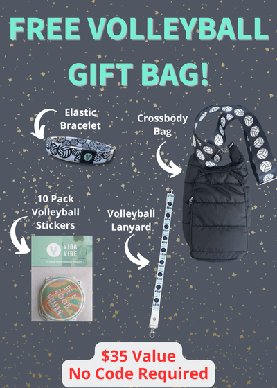 Promotional graphic for a free volleyball gift bag with accessories on a dark background.
