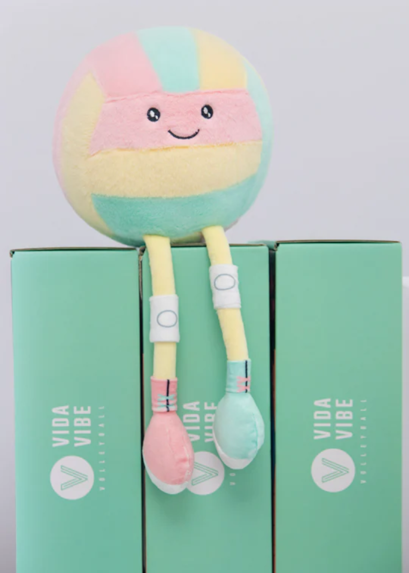 Colorful Volleyball plushie with a smiling face on top of a green box labeled 'Vida Vibe'.