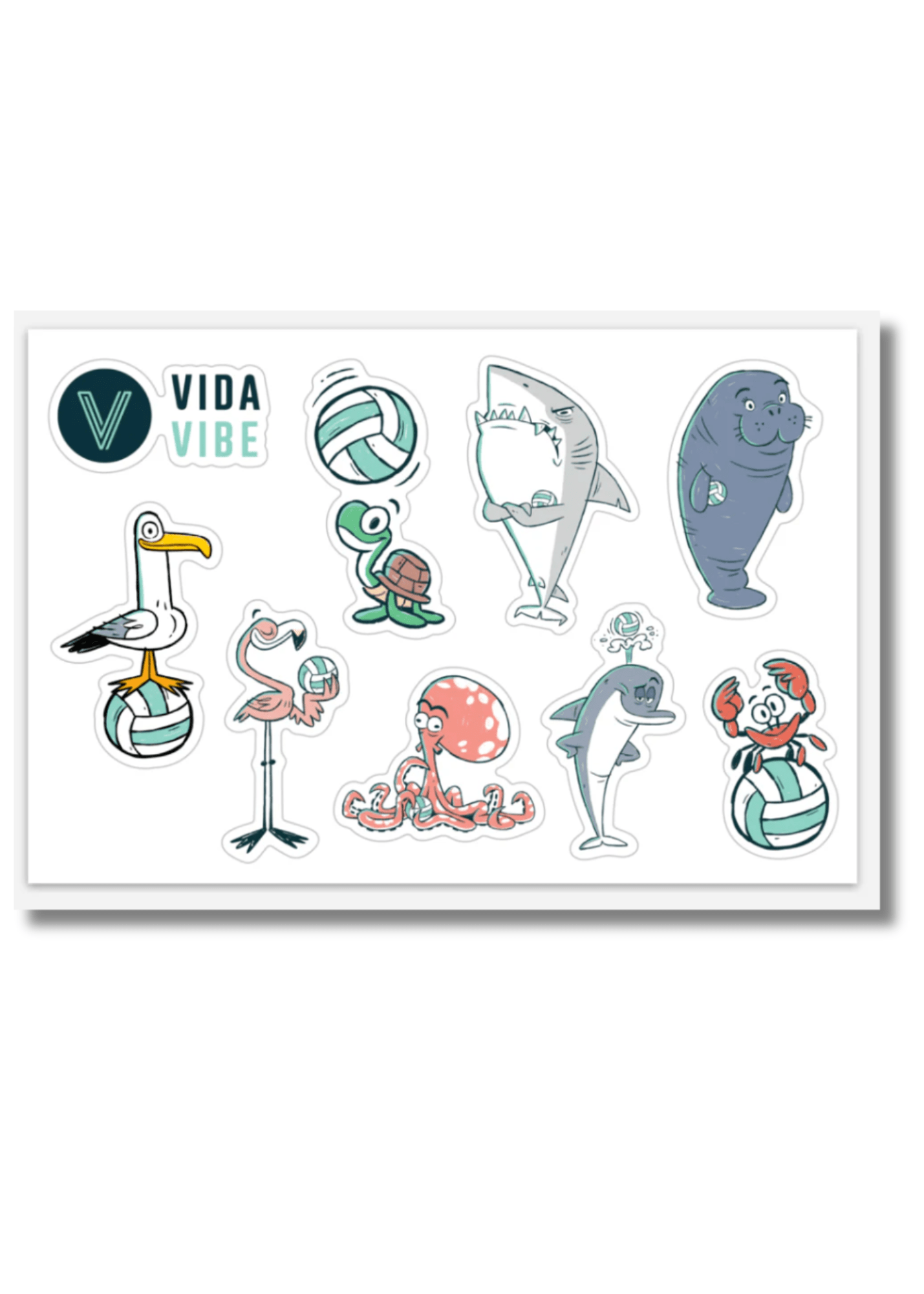 Sheet of volleyball stickers featuring various sea-themed designs on a white background with 'Vida Vibe' branding.