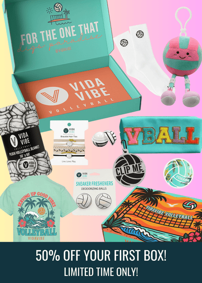 Vida Vibe volleyball-themed products including shirts, socks, and accessories on a colorful background.