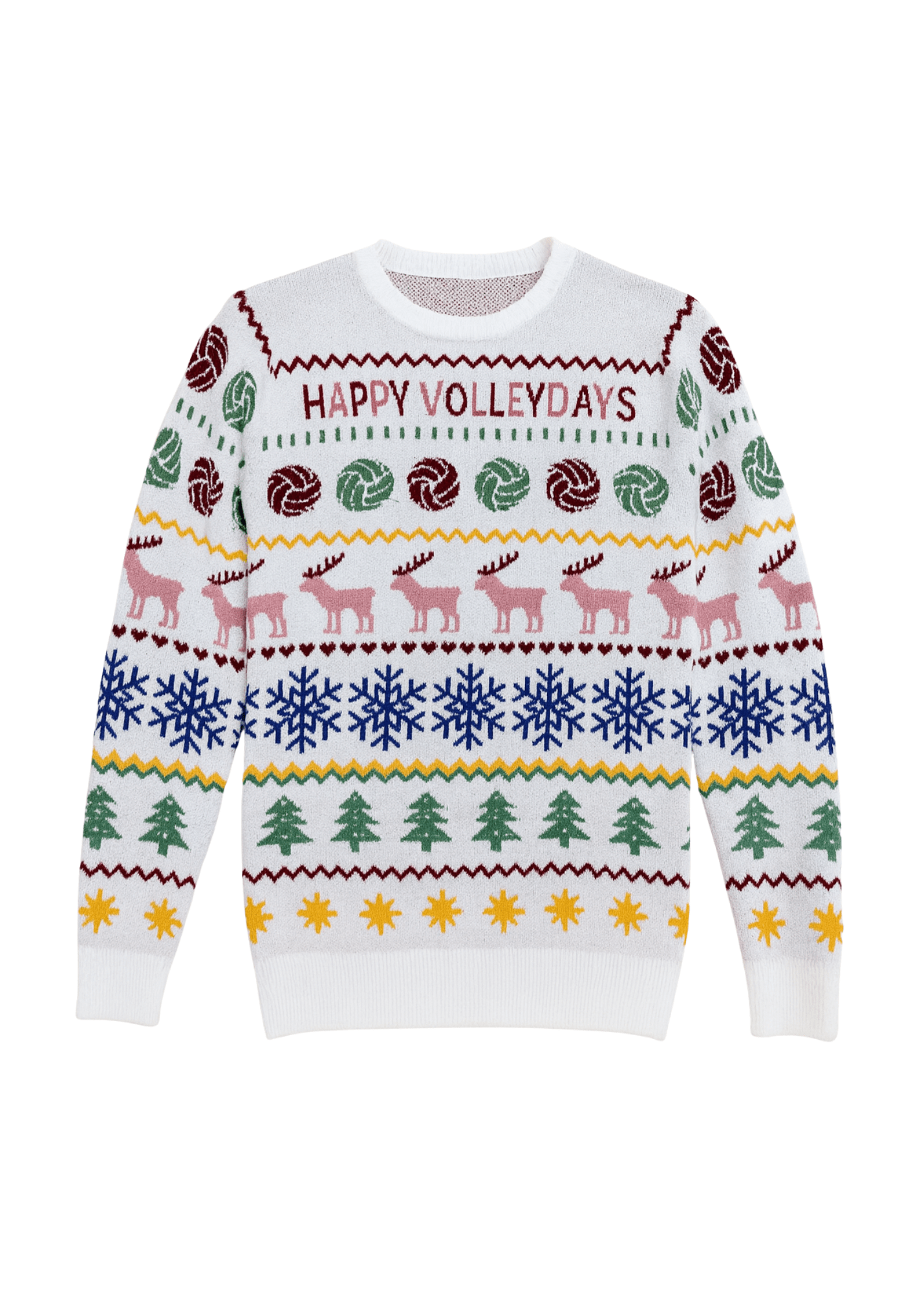 Colorful sweater with Christmas-themed patterns and 'Happy Volleydays' text on a white background