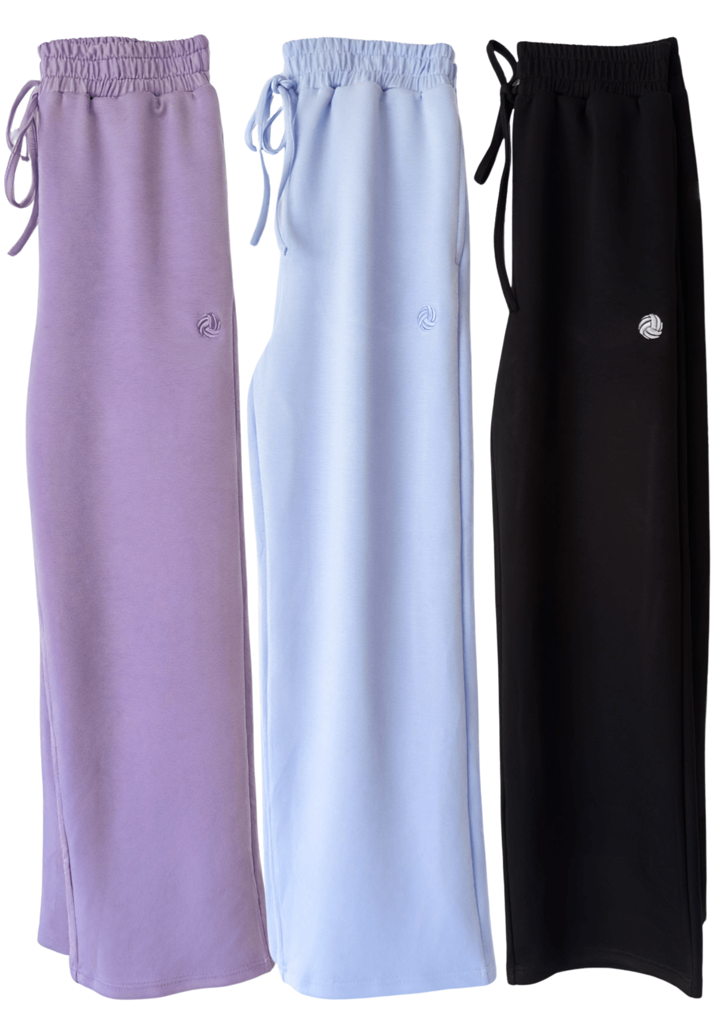 Three pairs of drawstring pants in purple, white, and black with small volleyball on it!