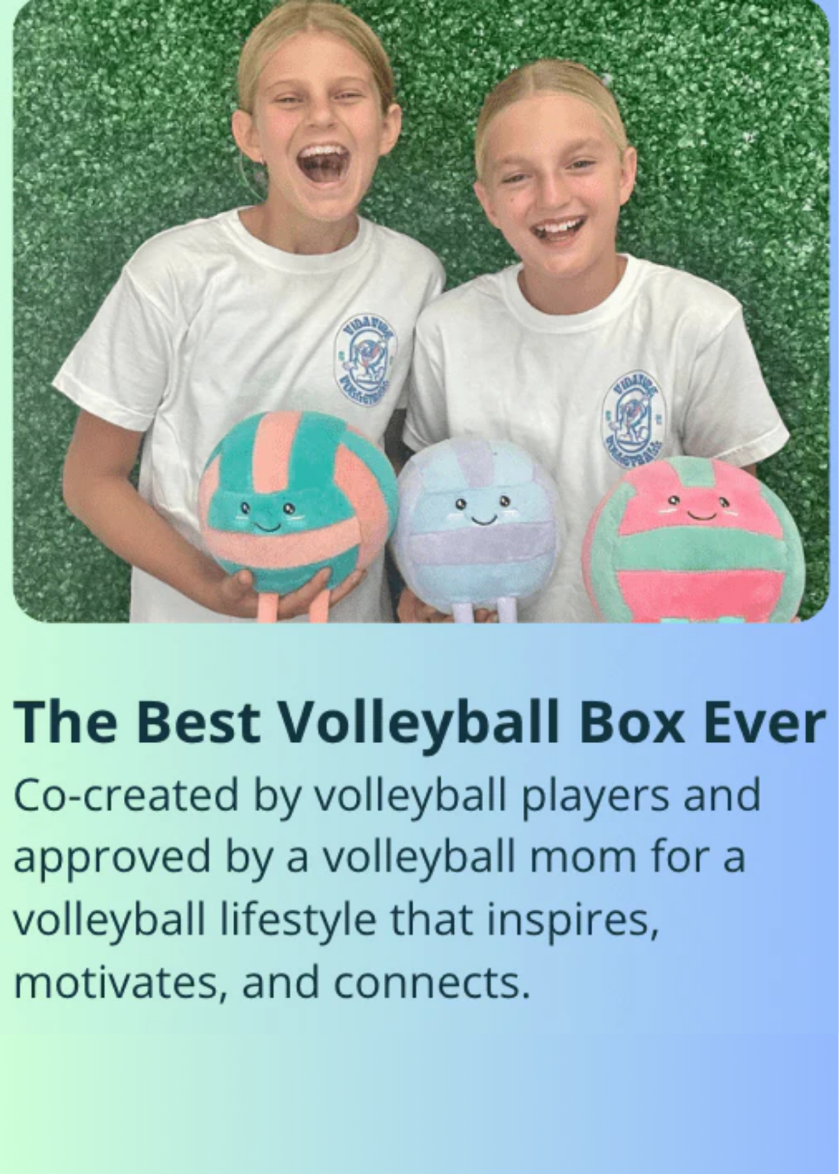 Two children holding colorful volleyballs with promotional text about a 'Best Volleyball Box Ever'.