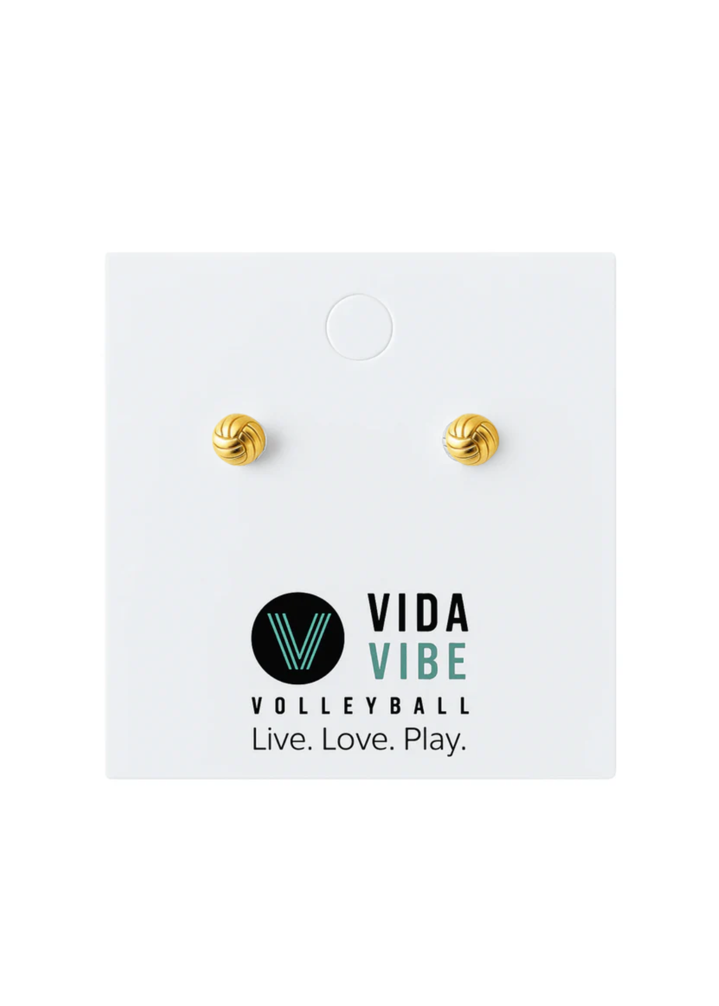 Gold earrings on a Vida Vibe branded card with a white background