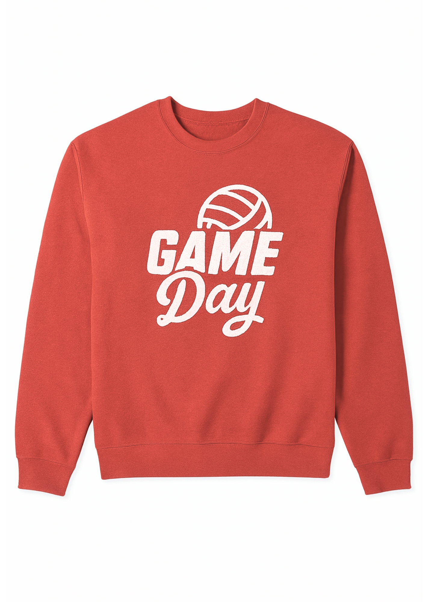 Red sweatshirt with 'GAME DAY' and volleyball graphic on a white background