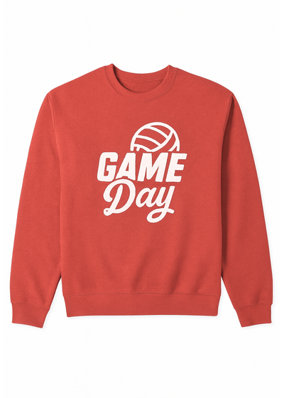 Red sweatshirt with 'GAME DAY' and volleyball graphic on a white background
