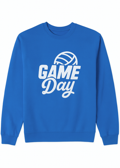 Blue sweatshirt with 'Game Day' and volleyball graphic on a white background