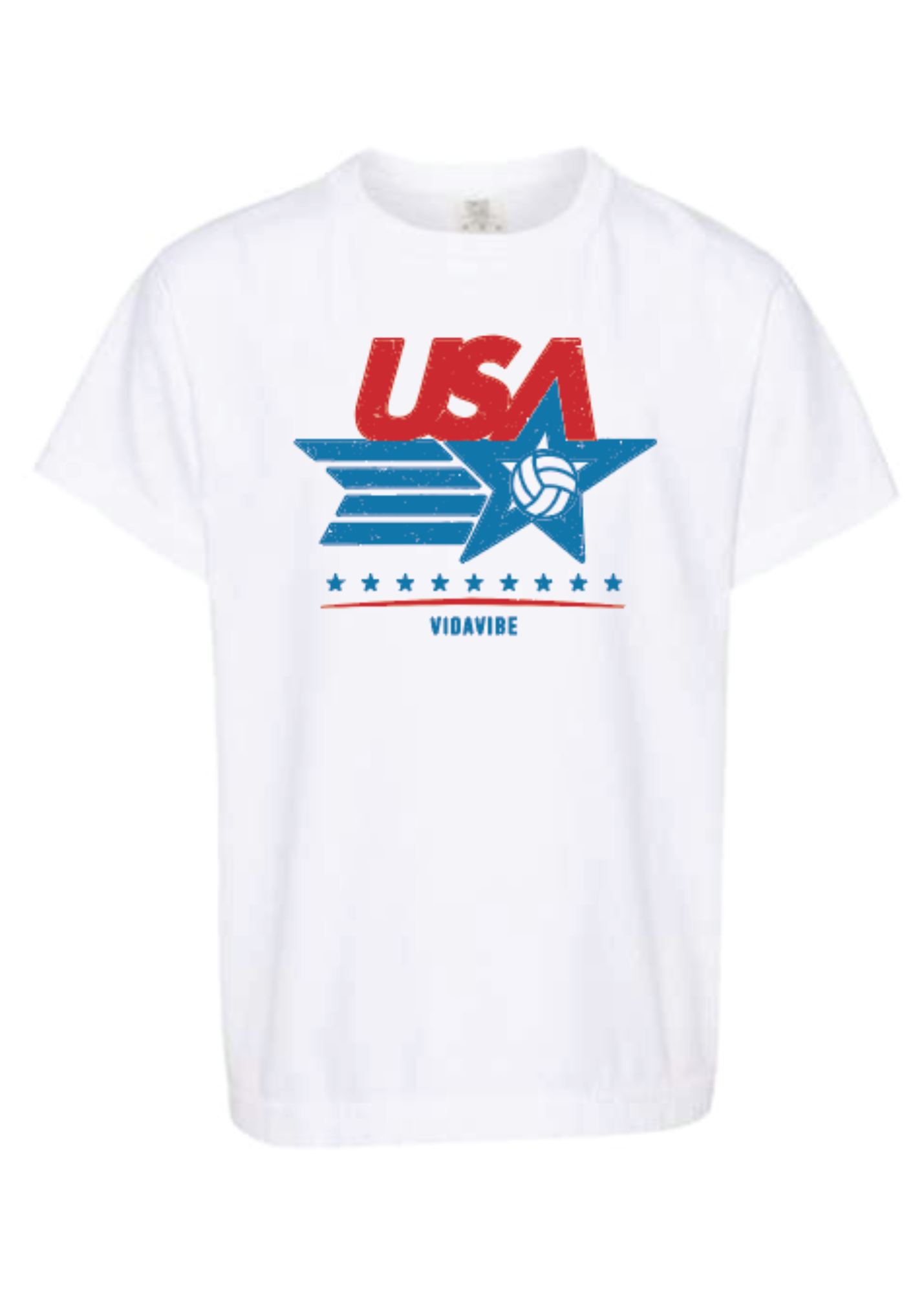 White t-shirt with USA logo featuring a star and volleyball design on a white background