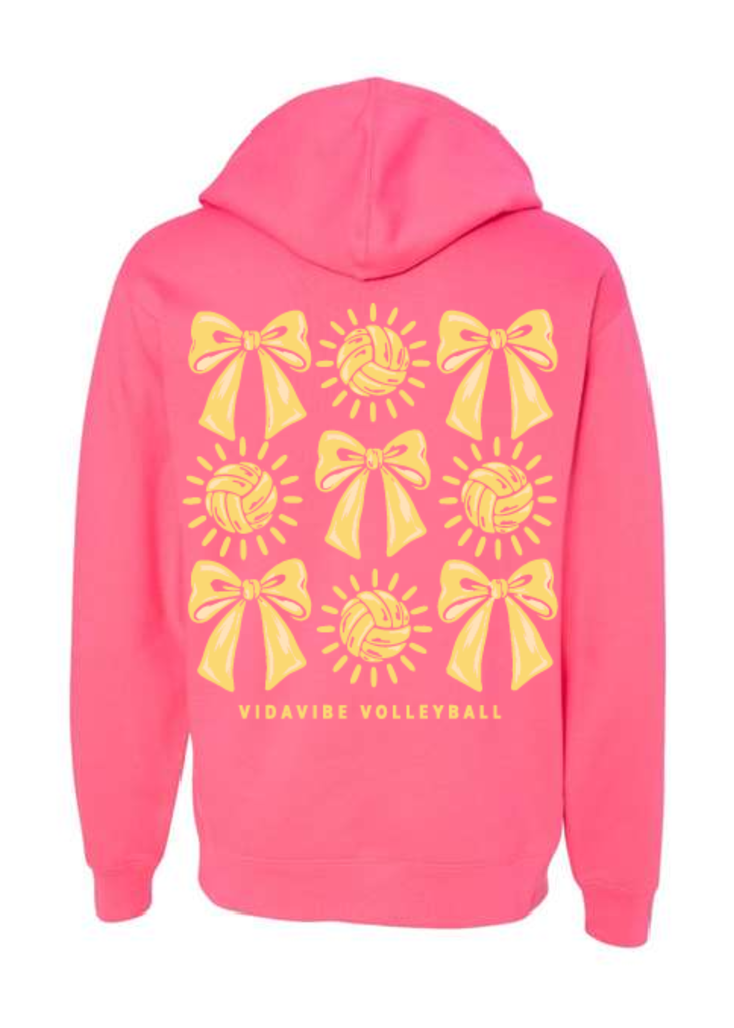 A bright pink hoodie shown from the back, featuring a repeating pattern of yellow bows and volleyballs on the back, with the text 'VIDAVIRE VOLLEYBALL' printed in yellow near the bottom.
