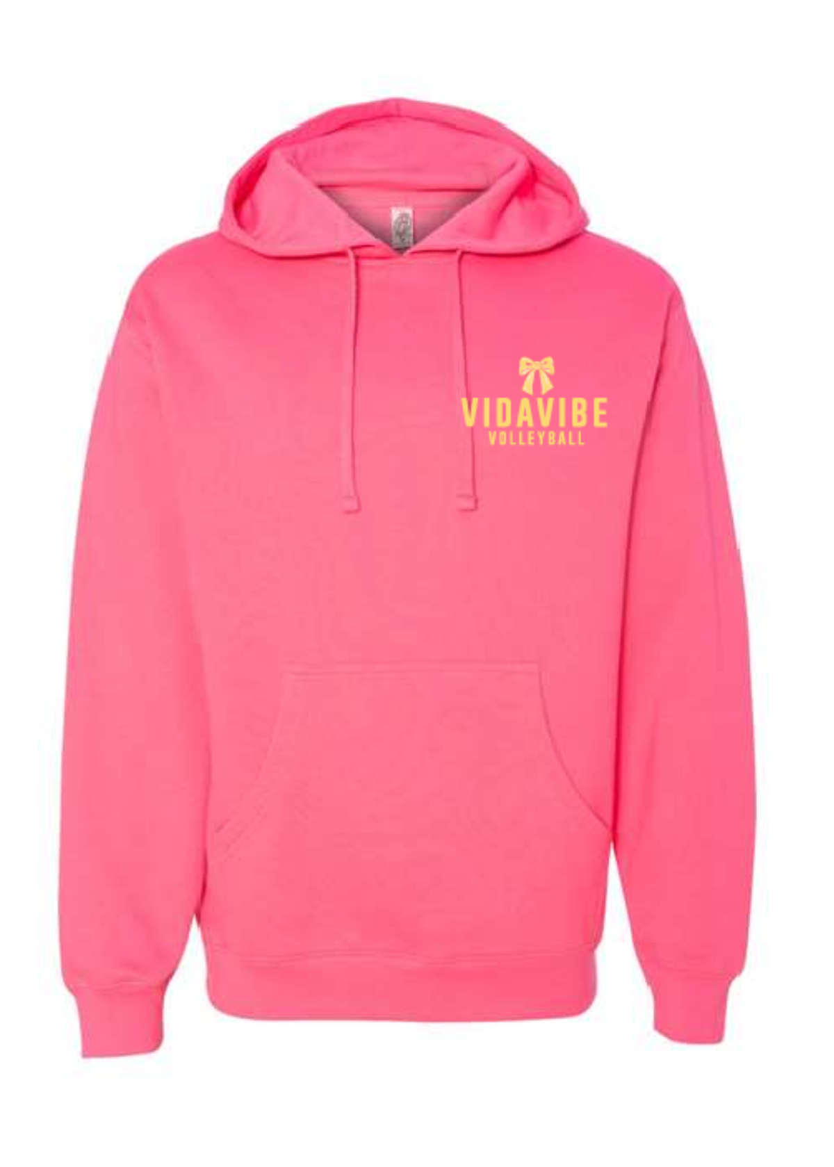 A bright pink pullover hoodie with a yellow 'VIDAVIBE VOLLEYBALL' graphic and bow logo on the left chest, displayed on a clean white background.