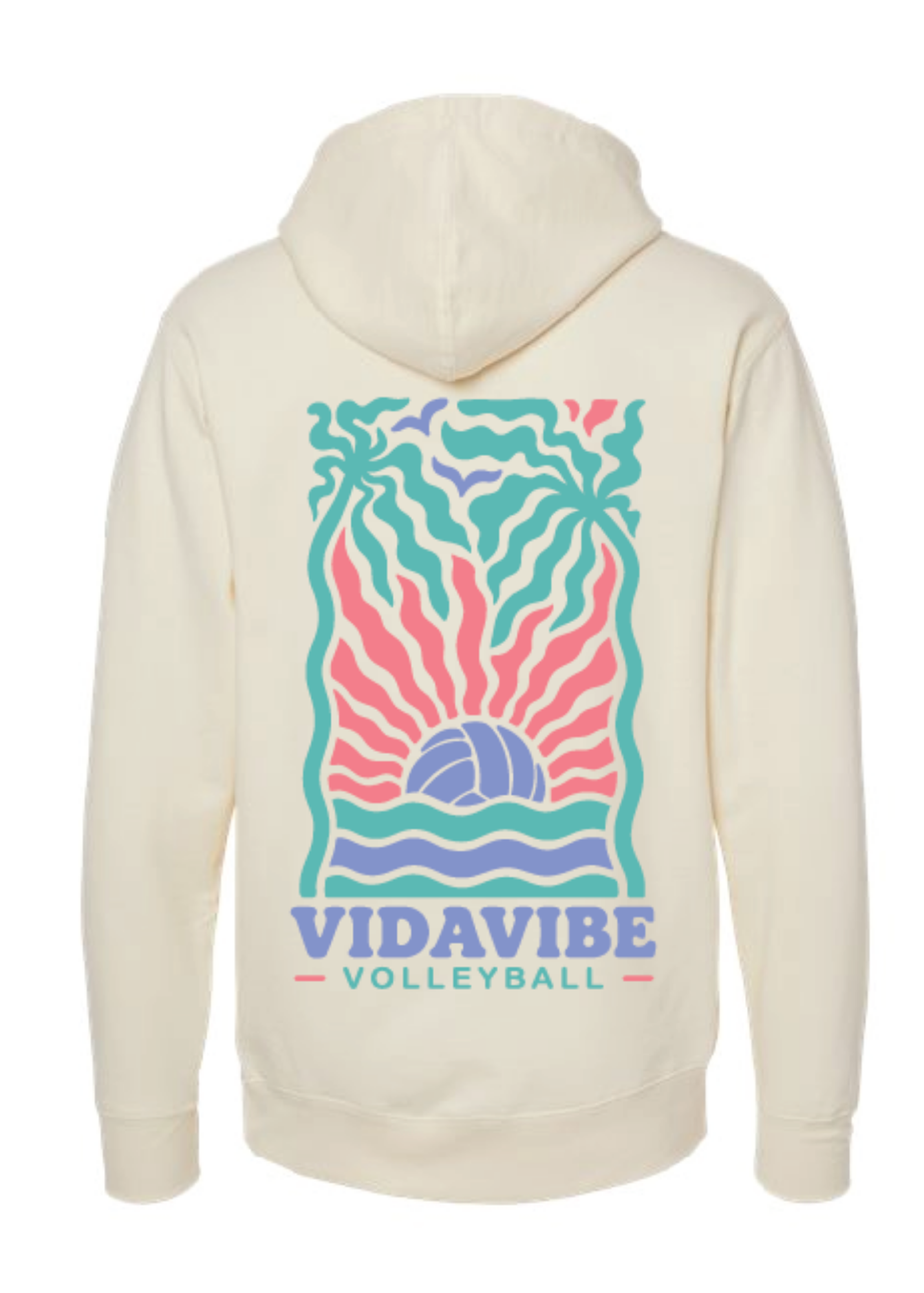An off-white hooded sweatshirt shown from the back, featuring a large colorful graphic print with the text 'VIDAVIBE VOLLEYBALL'. The graphic depicts a volleyball under a pink and teal sunburst with palm trees.