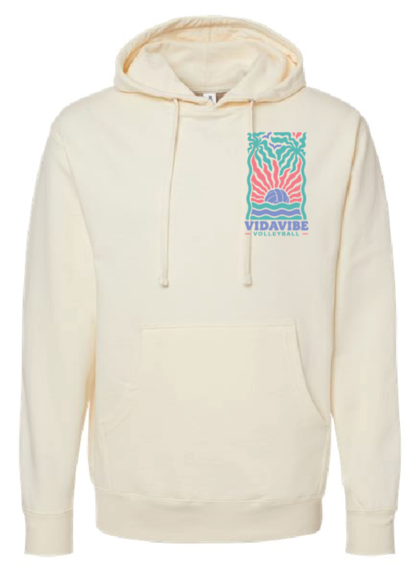 An off-white hooded sweatshirt with a colorful graphic on the left chest featuring palm trees, a sun, and the text 'VIDAVIBE VOLLEYBALL'.