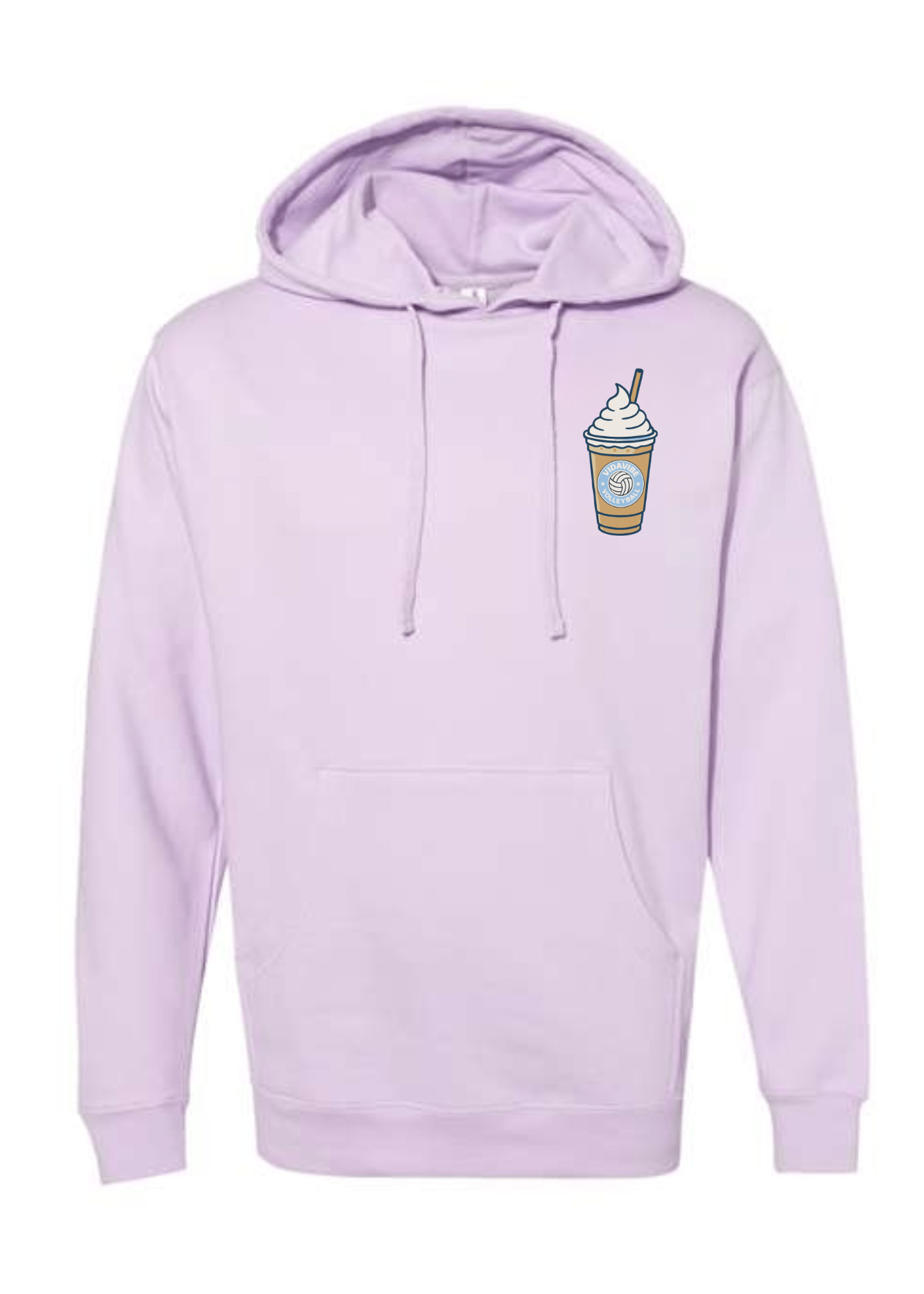 A light purple/lavender pullover hoodie with a small graphic of a iced coffee cup on the left chest, displayed against a solid white background.