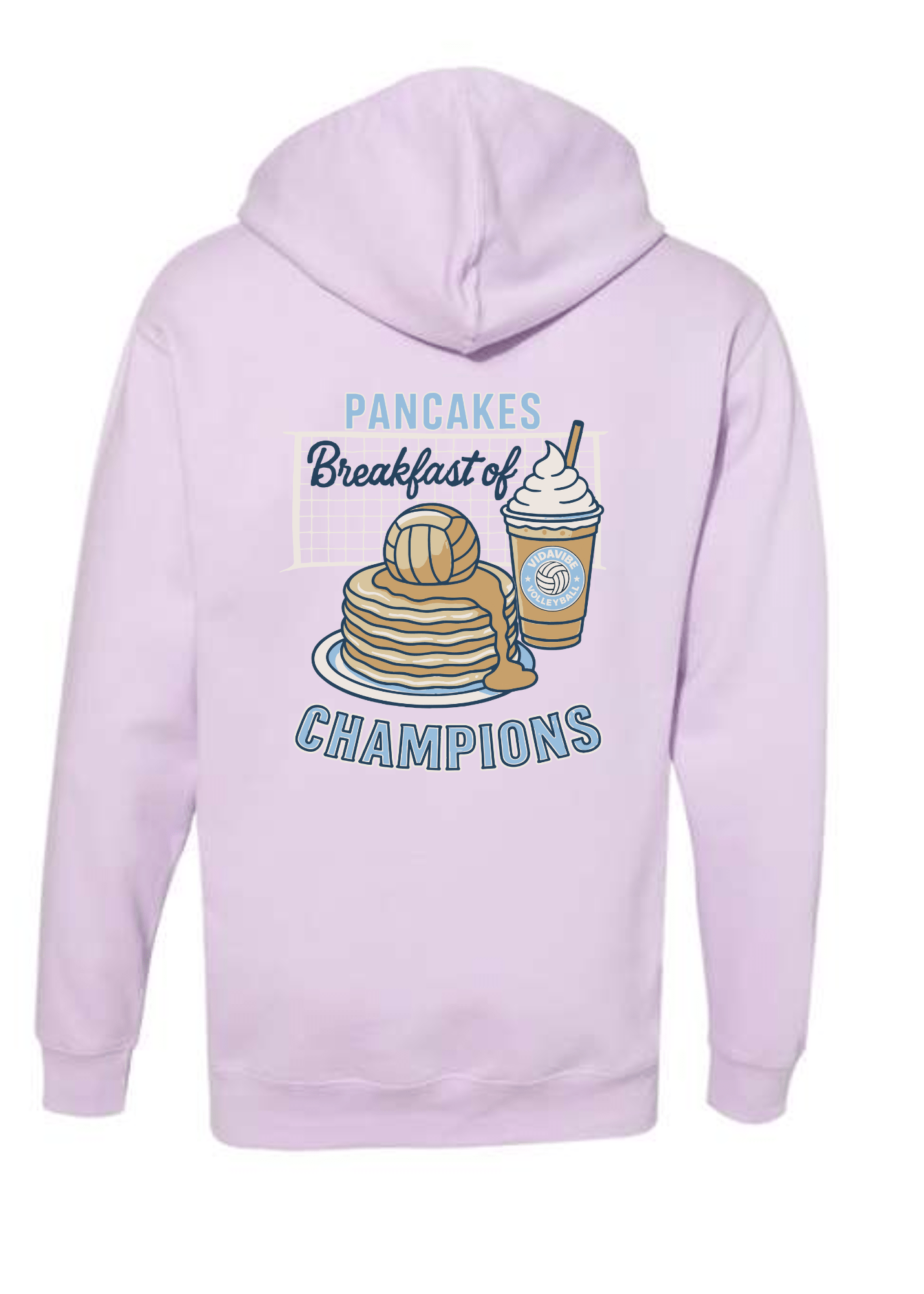 Light purple hoodie with a graphic of pancakes and a coffee cup on the back, featuring text 'Pancakes Breakfast of Champions'.