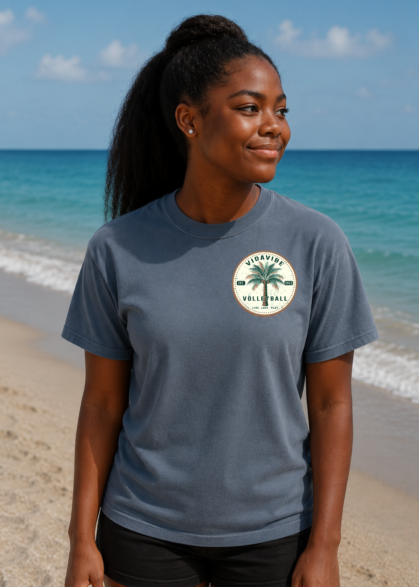 Palm Tree Volleyball Denim Tee