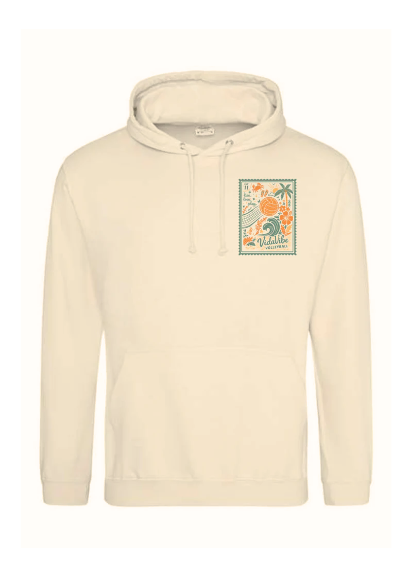 Beige volleyball hoodie with a graphic design on a white background