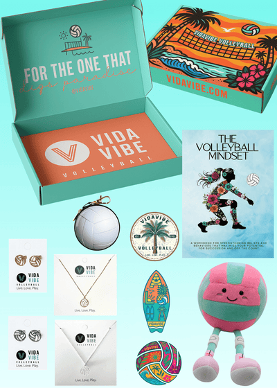Collection of Vida Vibe products including boxes, jewelry, and toys on a light blue background.